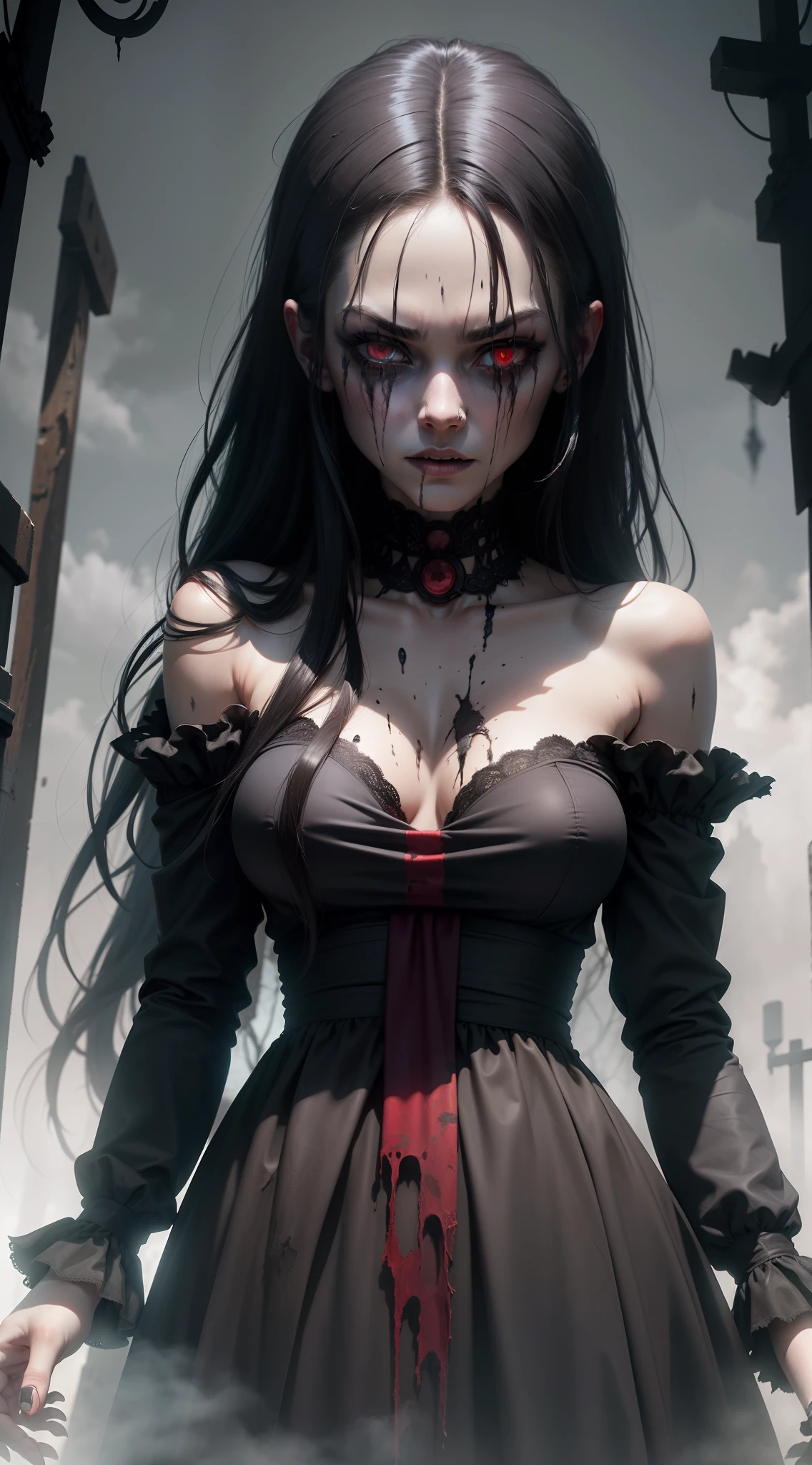 A very pal humanoid character, with red eyes, her name is (The Englewood Witch), she is crazy, nuts, horror, she is creepy, she is scary, shock value, very evil, she is skinny, evoke, fear, terror, dread, decay, disgust, she is a Psycho, dark, unusually thin, thin, scraggly, emaciated, twisted, frightening, sick, solo, close up, (messy_long_dark_hair), fog, evil eyes, eyes glowing, (she is wearing a very dirty old torn_black_dress), fall weather, dusk, rising from her grave, full body, floating in the air, vampire, 1600s