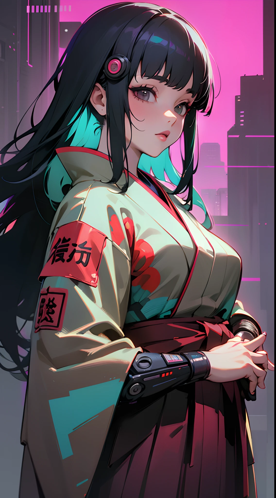 ((Best Quality)), ((Masterpiece)), (High Definition:1.3), 3D, Beautiful (Cyberpunk:1.3), Stylish woman looking at hakama, hakama, kimono, kimono, kobujutsu, black straight hair, blunt bangs, long hair, karateki, flashy colored clothes
