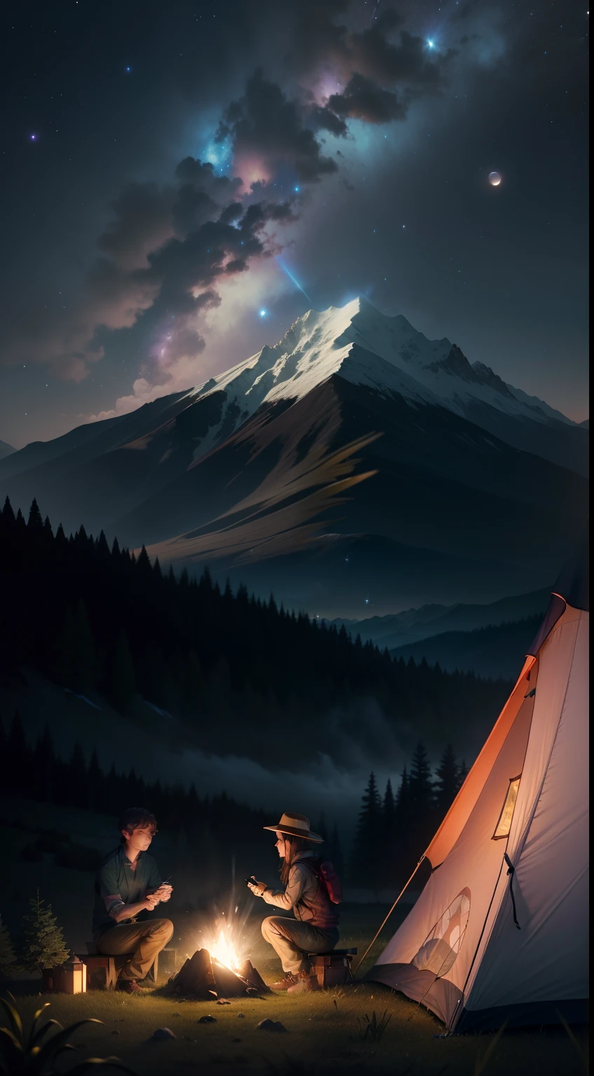 Expansive landscape photograph,(look from down,Above is the sky,Below is an open lawn),Triangle tent,A young couple looking at the stars,starrysky,(moon full:1.2),(meteors:0.9),(Starcloud:1.3),Triangle tent,Hillside camping tents, bonfires, luz de velas,Rose blanche,Other details,Far Mountain, Tree BREAK making art,(Warm light source:1.2),(glowworm:1.2),lamp lights,Lots of purple and orange,Complicated details,Volumetriclighting,Realism BREAK,Natural elements in camping theme。Mysterious mountain view,Beautiful summer night sky,great outdoors,Surrounded by white roses,Delicate leaves and branches are surrounded by fireflies(nature elements),("camping" Theme),(glowworm),(Particle effect)and other 3D, Octane rendering,Ray traching,Super meticulous