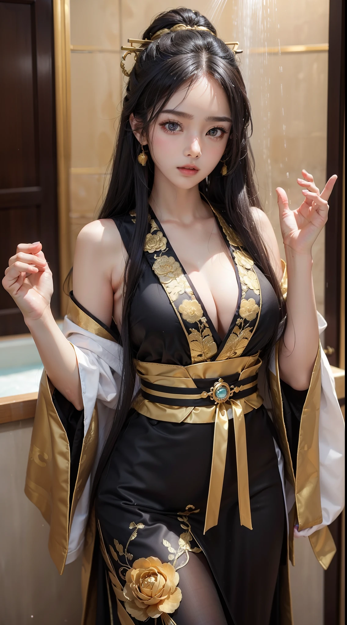 Chineseメイク、Beauty、Chinese、32k,China dress、Long Black Hair、Realistic、Realistic、Boa Hancock lookalike、Stylish、Long legs、Constriction emphasis、The background is also Chinese style.、赤いChina dress、sexy、Too much exposure、tall、10 heads、Small face、Eyes wide open、Accentuate your butt、見返りBeauty図、Exposing the chest、China dressがピチピチ、33 years old、Alluring、Looks like Galileo's Shibasaki Kou、Highlight the slit