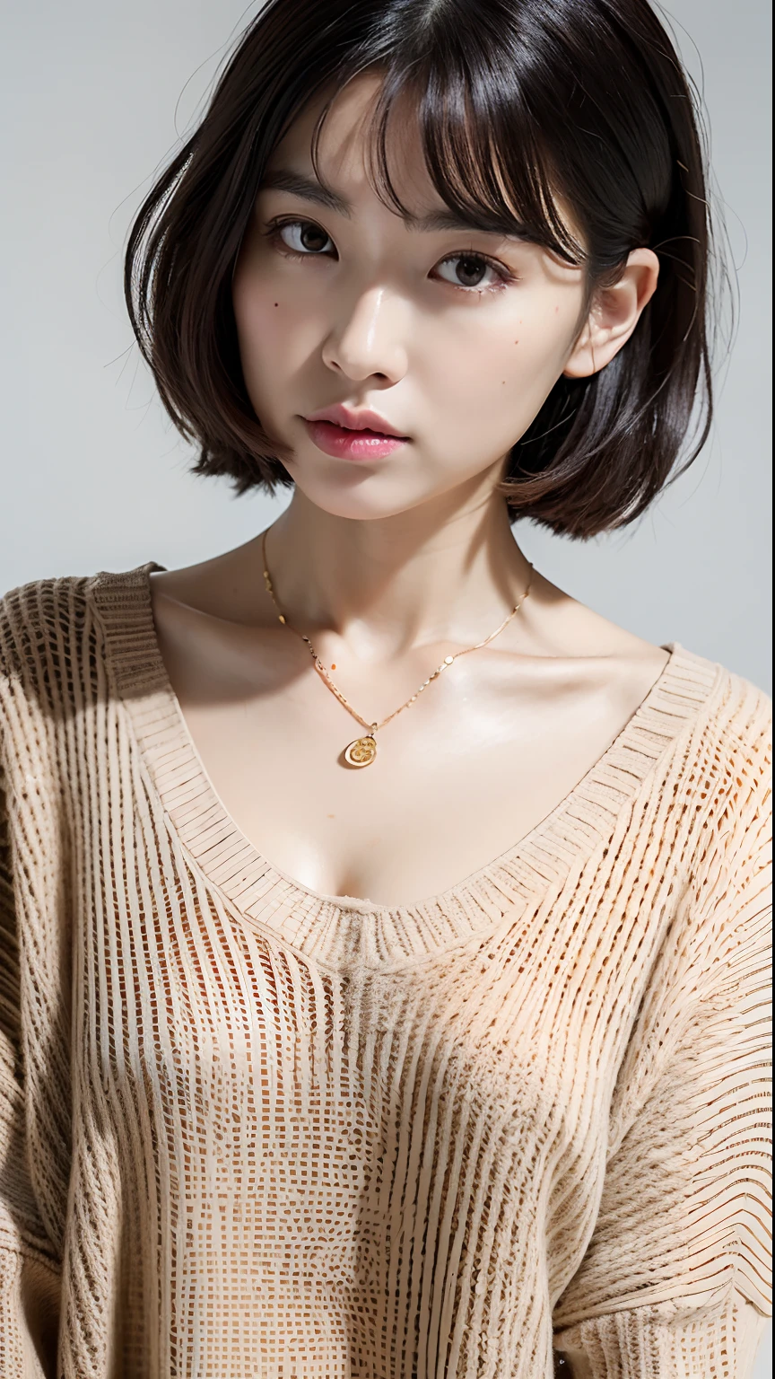 Best quality, 8k, 32k, masterpiece, UHD: 1.2), photo beautiful japanese woman, room, very short Bob hair, upper body, facial focus, oversized_sweater, necklace, simple background, from above, looking at the viewer,