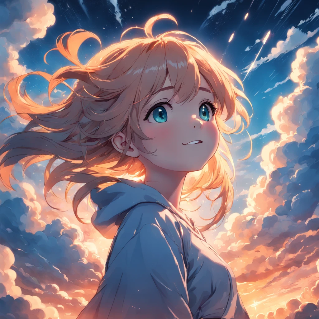 masterpiece, best quality, movie still, 1girl, cloud girl, floating in the sky, close-up, bright, happy, warm soft lighting, sunset, (sparks:0.7)