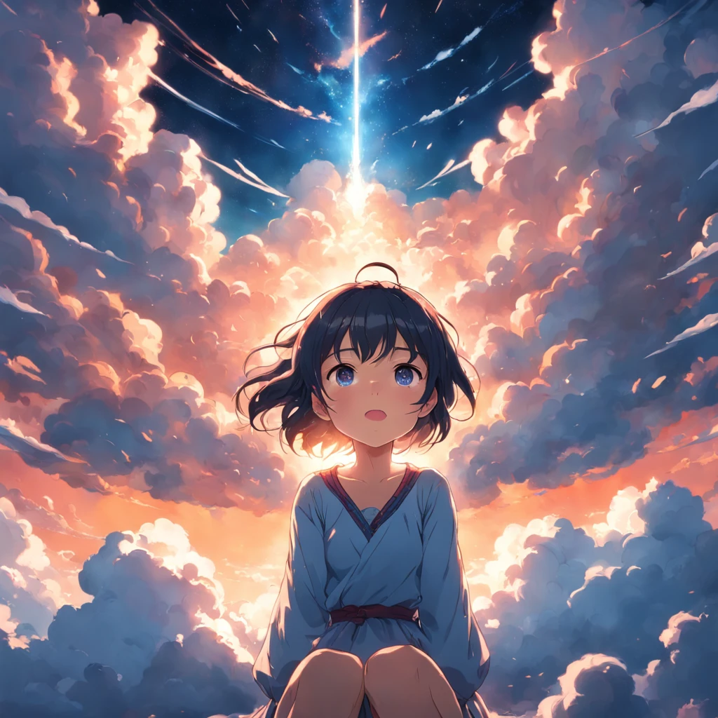 masterpiece, best quality, movie still, 1girl, cloud girl, floating in the sky, close-up, bright, happy, warm soft lighting, sunset, (sparks:0.7)