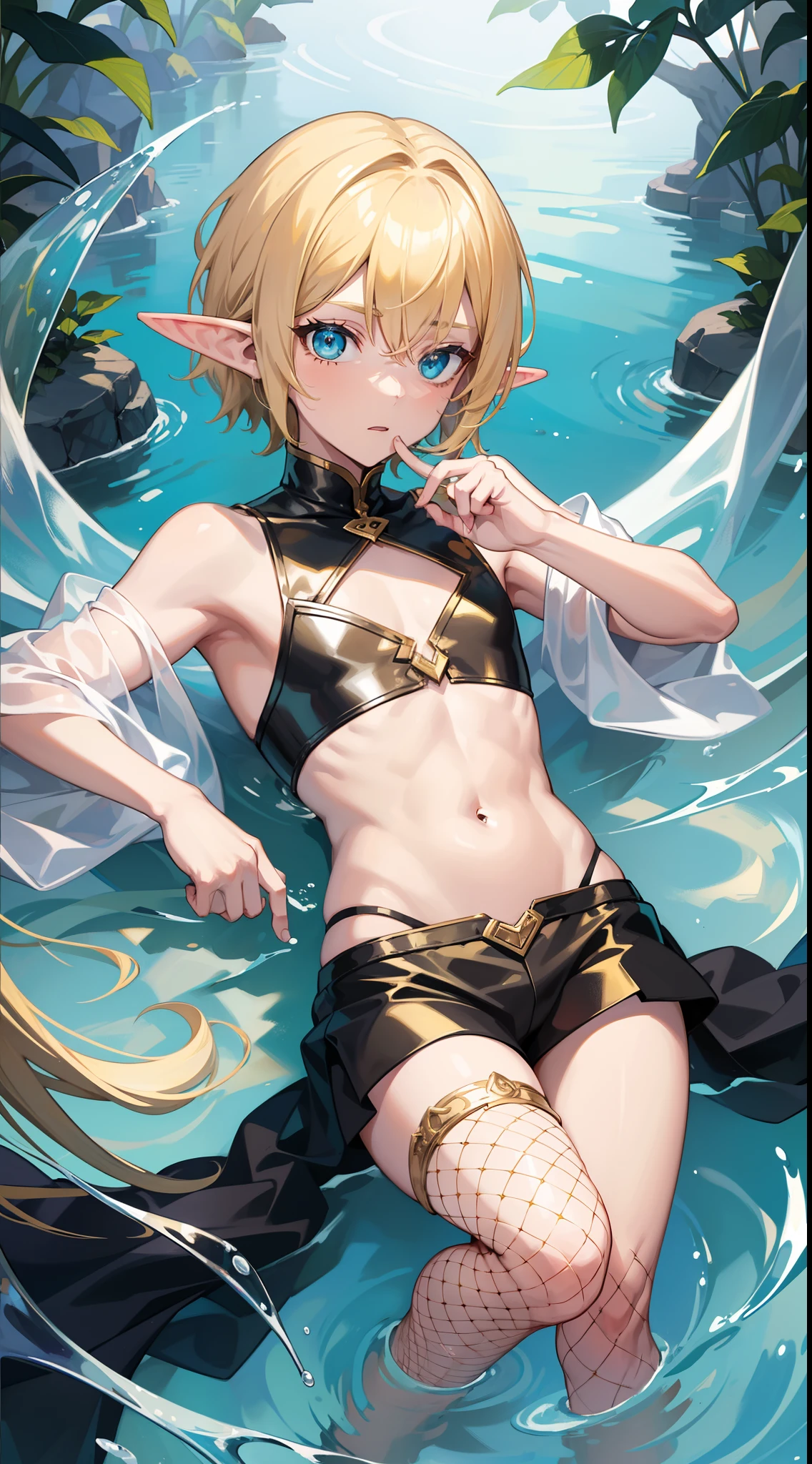 young boy, longue blonde hair, elf ears, turquoise eyes, Yellow in the upper right corner, short, Transparent, open belly, fishnet tights, Masterpiece, hiquality