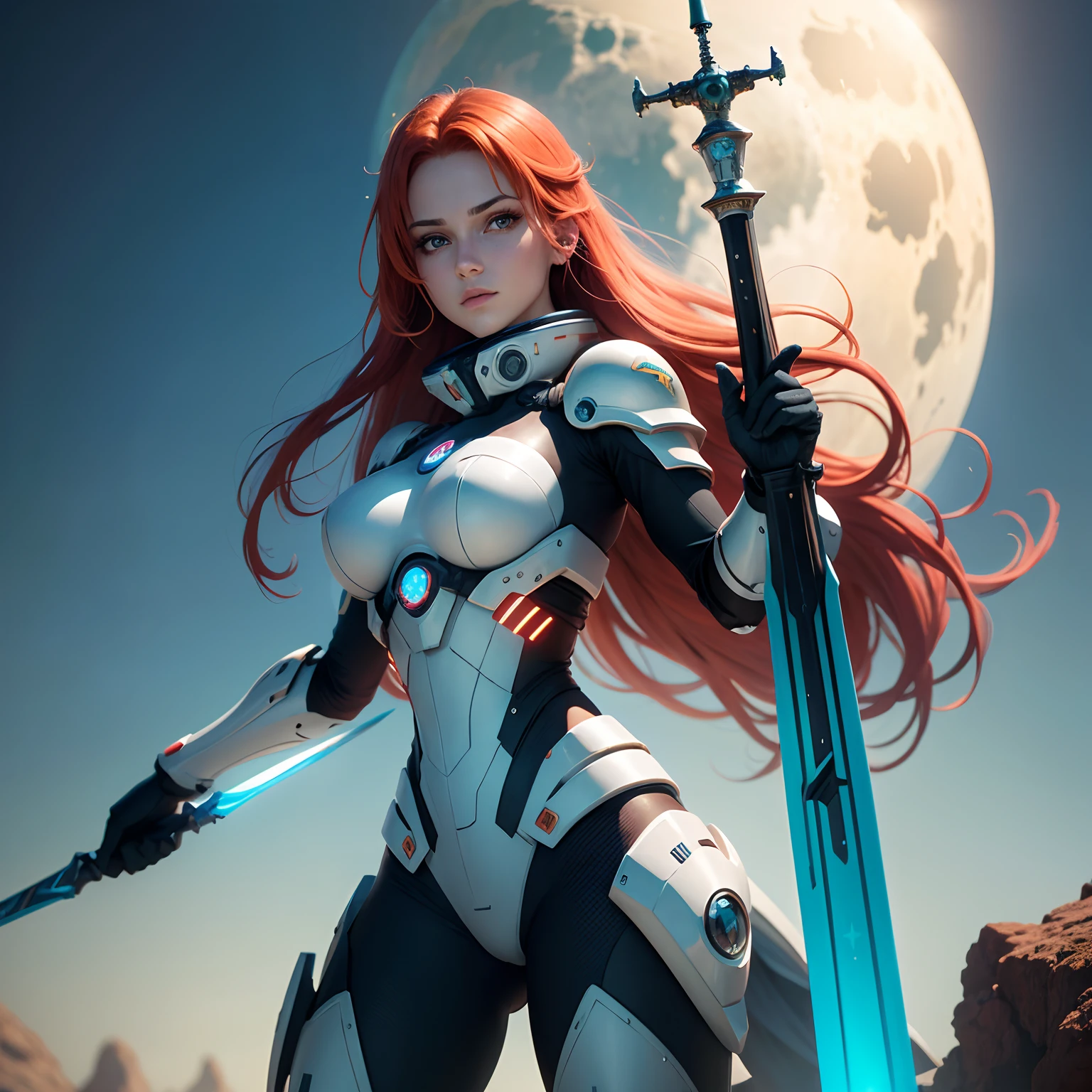 Beautiful girl, red hair, holding sword with neon details, olhos verdes brilhantes(fundo da nave espacial), (Ultra high resolution, realismo, blue skies, photon maping, Radiometria: 1.3), science fiction, fantasia, [: uma garota sexy, (mecha branca e azul: 1.2), parte superior do corpo: 0.2] Polyp, Beautiful woman, best quality, super high resolution, 8k, master part, Clear focus, olhar claro