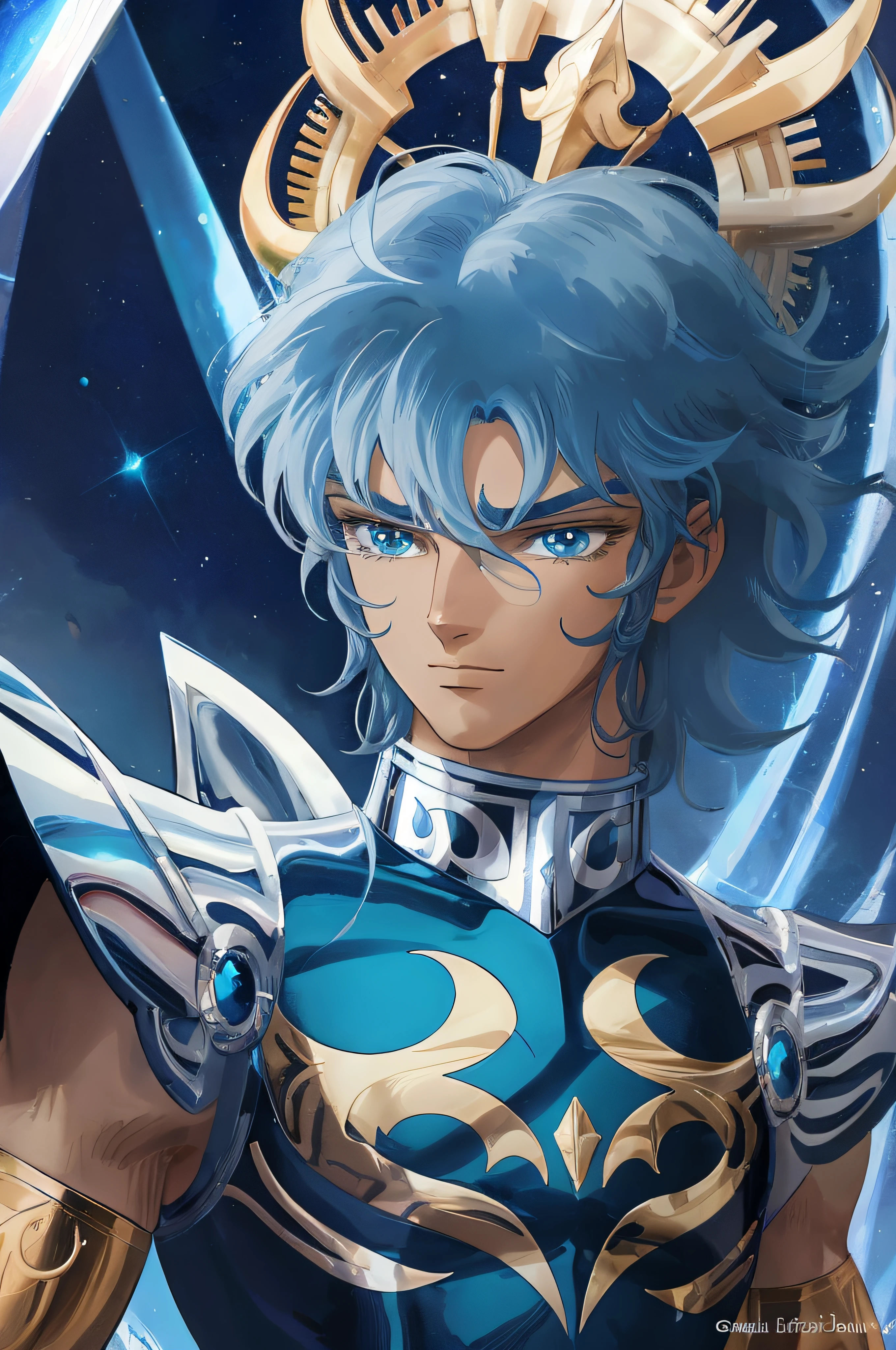 male details, arafed man in a blue and silver outfit, knights of zodiac man, artgerm jsc, godrays digital painting, portrait knights of zodiac boy, rossdraws global illumination, extremely detailed artgerm, mystical atlantean valkyrie, unreal engine render saint seiya, full portrait of magical knight, saint seiya