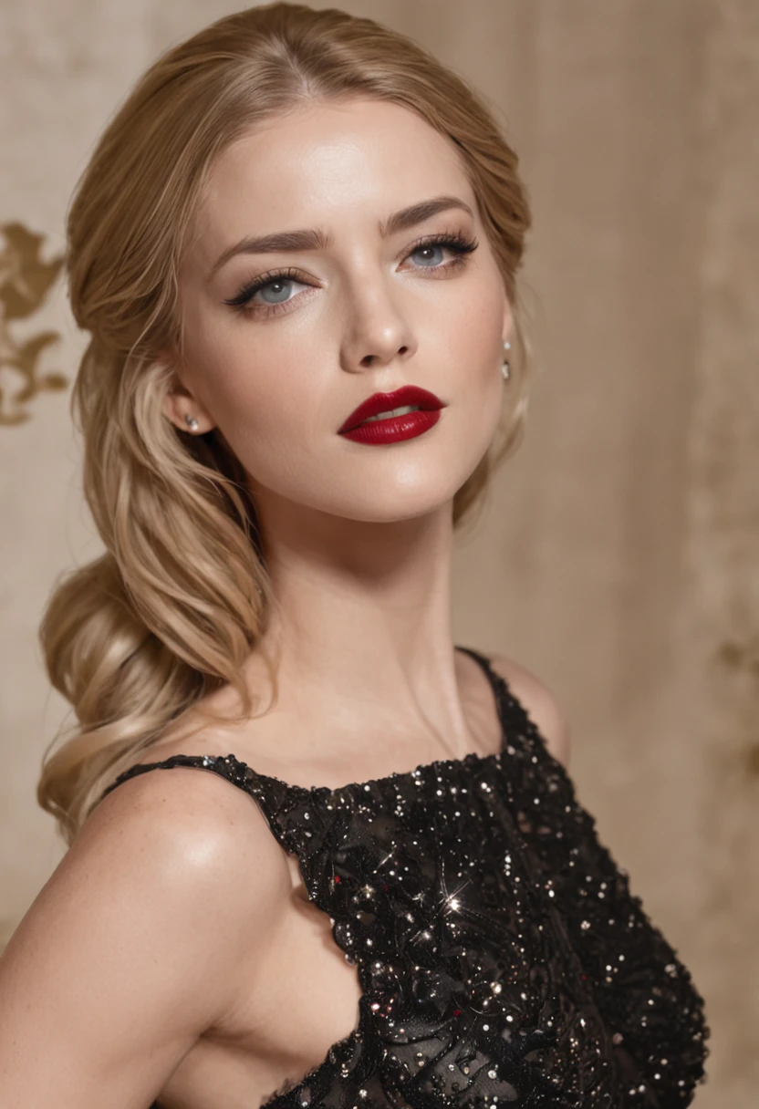 amber heard, (maquiagem paleta escura), (eyeliner), (red matte lipstick), (ornamental blonde hair), (tight black sparkly dress), descendo uma enorme escada elegante, (rosto insanamente detalhado), (fotografia)