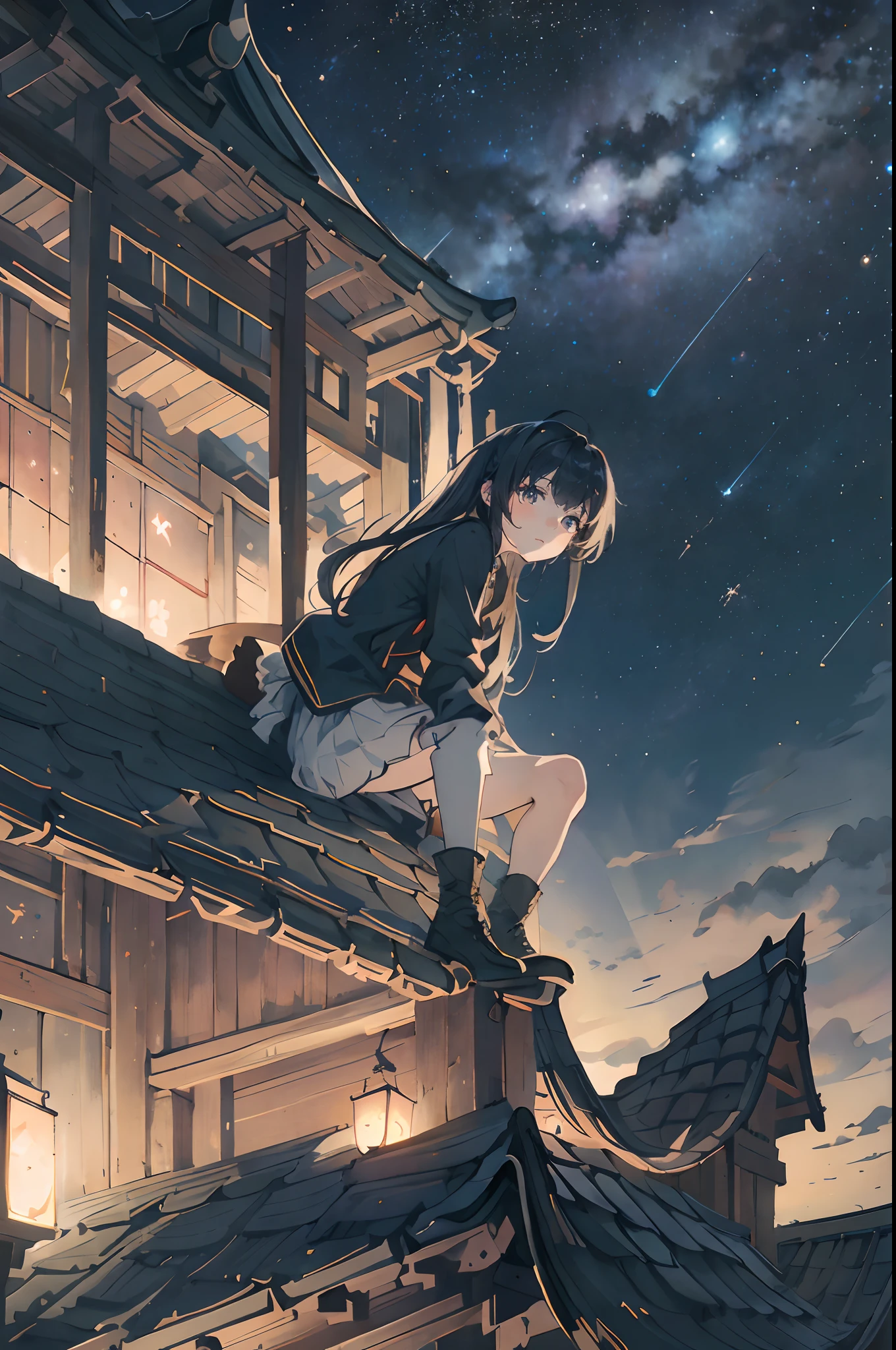 best quality,masterpiece,extremely detailed CG unity 8k wallpaper,1 girl outdoors, late, starrysky, in a panoramic view, scenecy, horizon, the roof, sitting on rooftop, ventania
