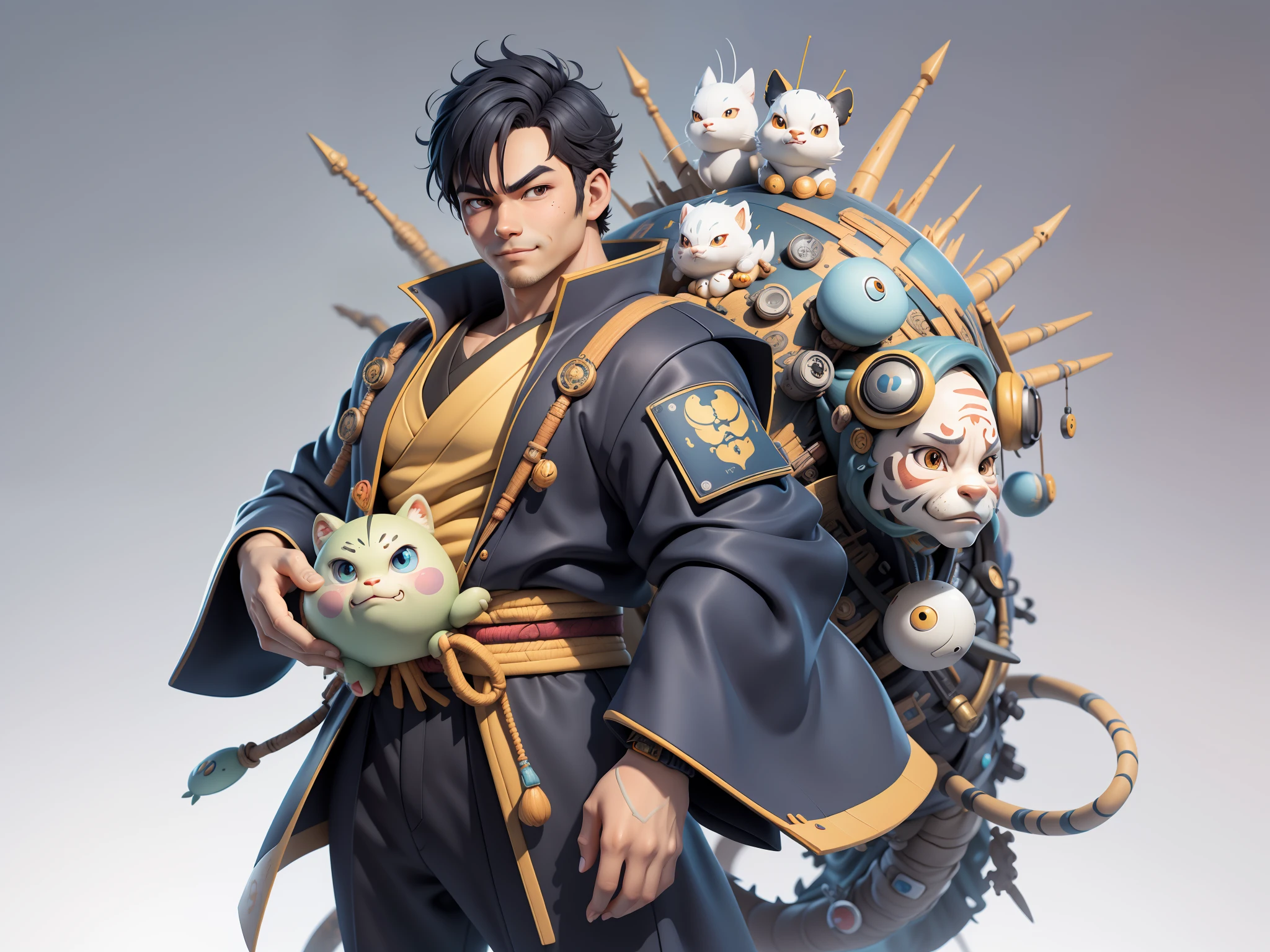 (Masterpiece), (Excellent), (Super Meticulous), (Full Body: 1.2), Super Young Man, Oriental Face, Japanese Kimono, Japanese Wind Thunder God, Dragon, Tiger, TV Anchor, Bust Portrait Illustration, Alone, Black Suit, Blue Tie, Slightly Chubby Face, Very Clean Face, No Beard, Black Super Short Hair, Black Eyes, Confident Smile, 3c Computer Sub-Products, iPad, iPhone, Digital Painting, 3D Character Design by Akira Toriyama and Mark Claireden and Pixar and Hayao Miyazaki, The illustration is a high-definition illustration in 4K resolution with very detailed facial features and cartoon-style visuals.