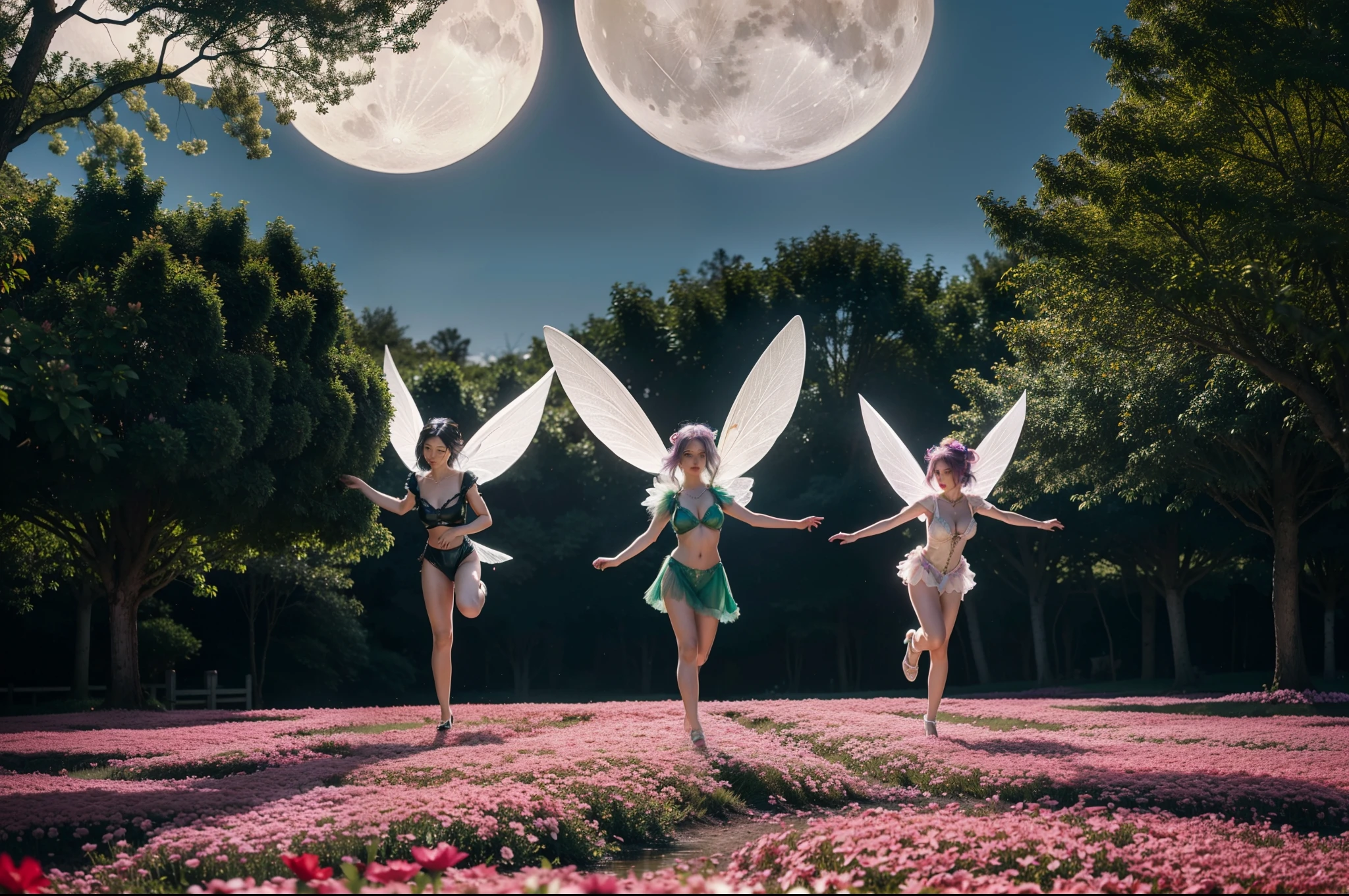 photo of 3 mature Flower fairies wearing latex club costumes, flying by fairies wings, in night flower gardens, moon light, deep shadow, photorealistic, realism, real, materpiece, best quality, full body view, real skin feeling, blonde hair, blue hair, black hair, brown hair, pink hair, silver hair, purple hair, grey hair, red hair, green hair, huge breasts deep cleavage