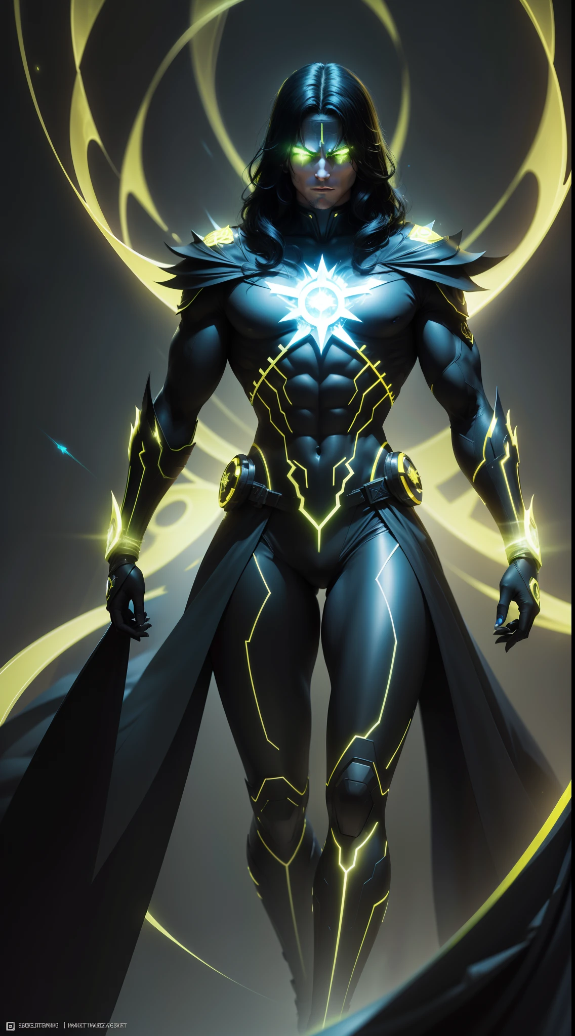 NFT 2 - "Luminous Savant":
Develop an NFT of a scholarly superhero emitting a bright yellow and black light. The figure is intricately detailed, with metallic features and technological elements that emphasize their pursuit of knowledge. The hero's focused expression and luminescent reflections should convey an aura of wisdom and discernment.