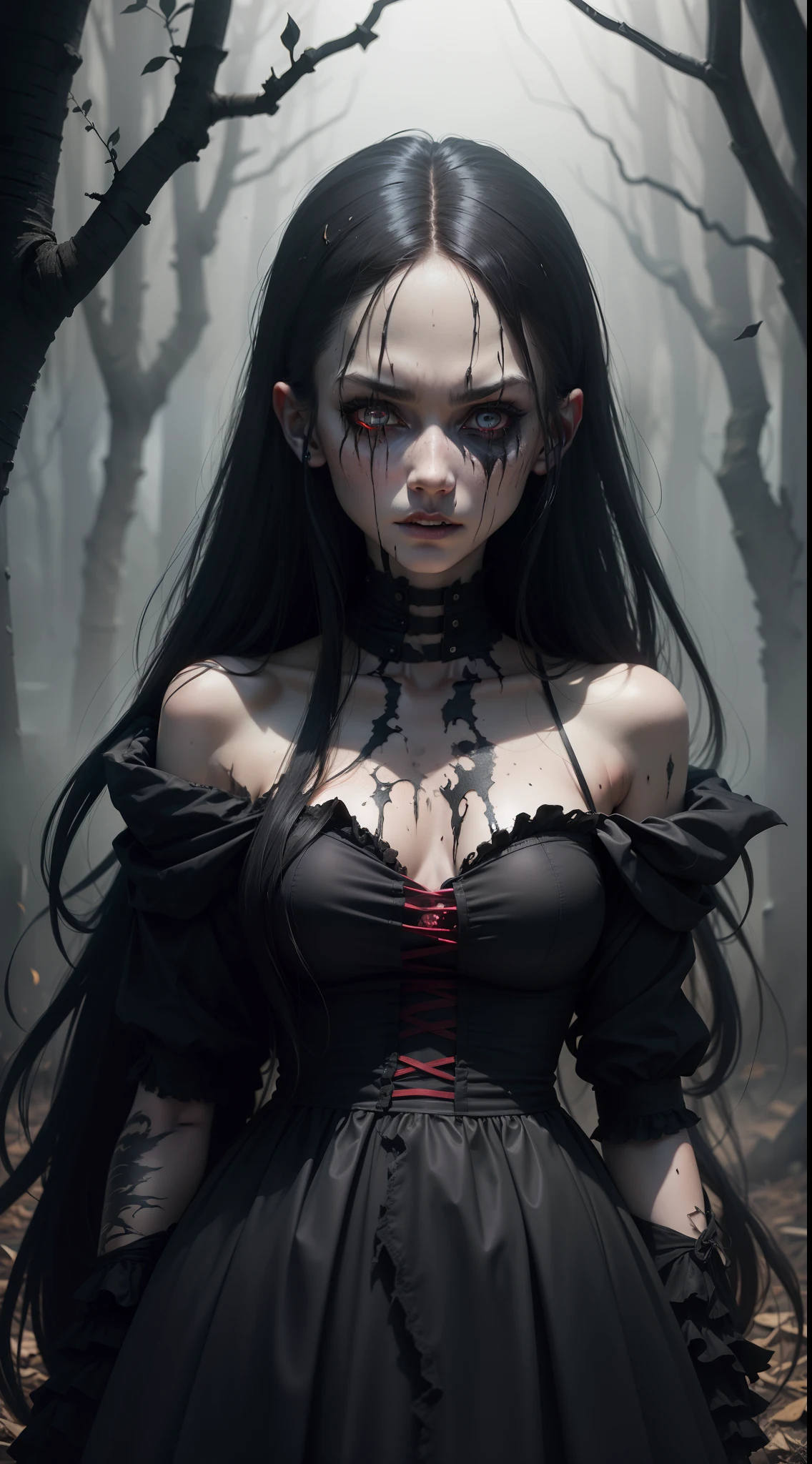 A very pal humanoid character, with red eyes, her name is (The Englewood Witch), she is crazy, nuts, horror, she is creepy, she is scary, shock value, very evil, she is skinny, evoke, fear, terror, dread, decay, disgust, she is a Psycho, dark, unusually thin, thin, scraggly, emaciated, twisted, frightening, sick, solo, close up, (messy_long_dark_hair), fog, evil eyes, eyes glowing, (she is wearing a very dirty old torn_black_dress), fall weather, dusk, rising from her grave, full body, floating in the air, vampire, 1600s