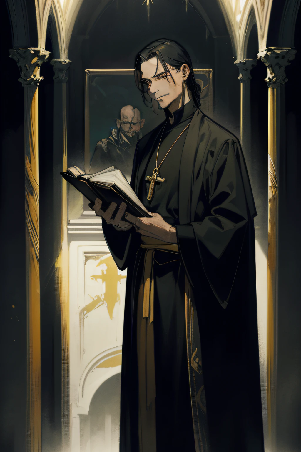 an elegant middle aged man with dark black hair, he is somewhat eerie, pale skin, yellow pupils, tired smile, tall, greying hair, he wears black priest robes, priest, carrying a holy book, a knife in one hand, masterpiece, 8k,