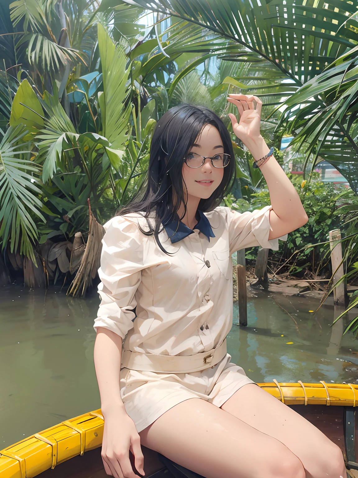 A smilling girl, sitting in a small boat