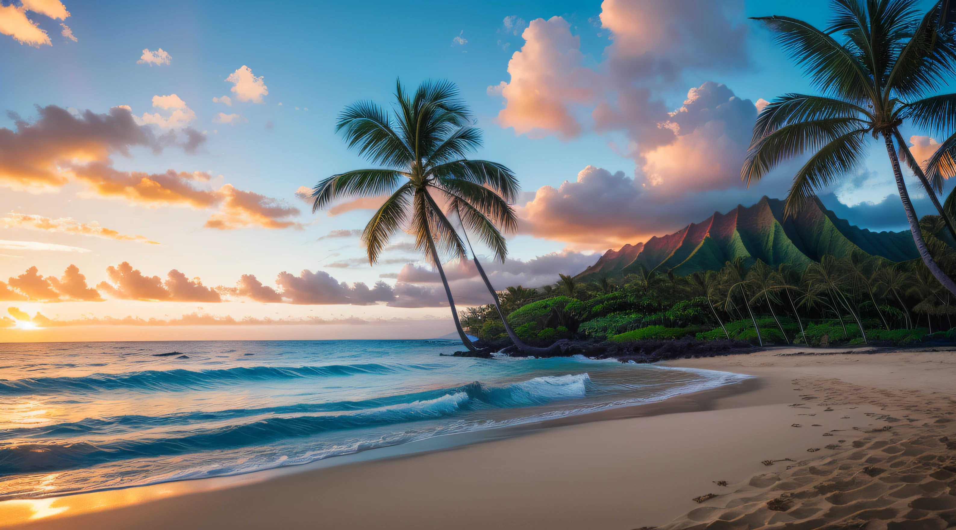 "Hawaii", Professional photography with excellent resolution,16k, hyper-detailing, shot on a SONY camera,  Beautiful landscapes, Warm shades, Exotic flowers, Tropical palm trees, The Brilliant Ocean, sunset sky.