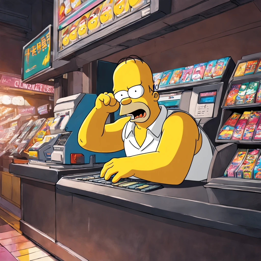 Homer Simpson sits at the cash register,Distribute advertising flyers to promote your own store,The Simpsons, homer simpson