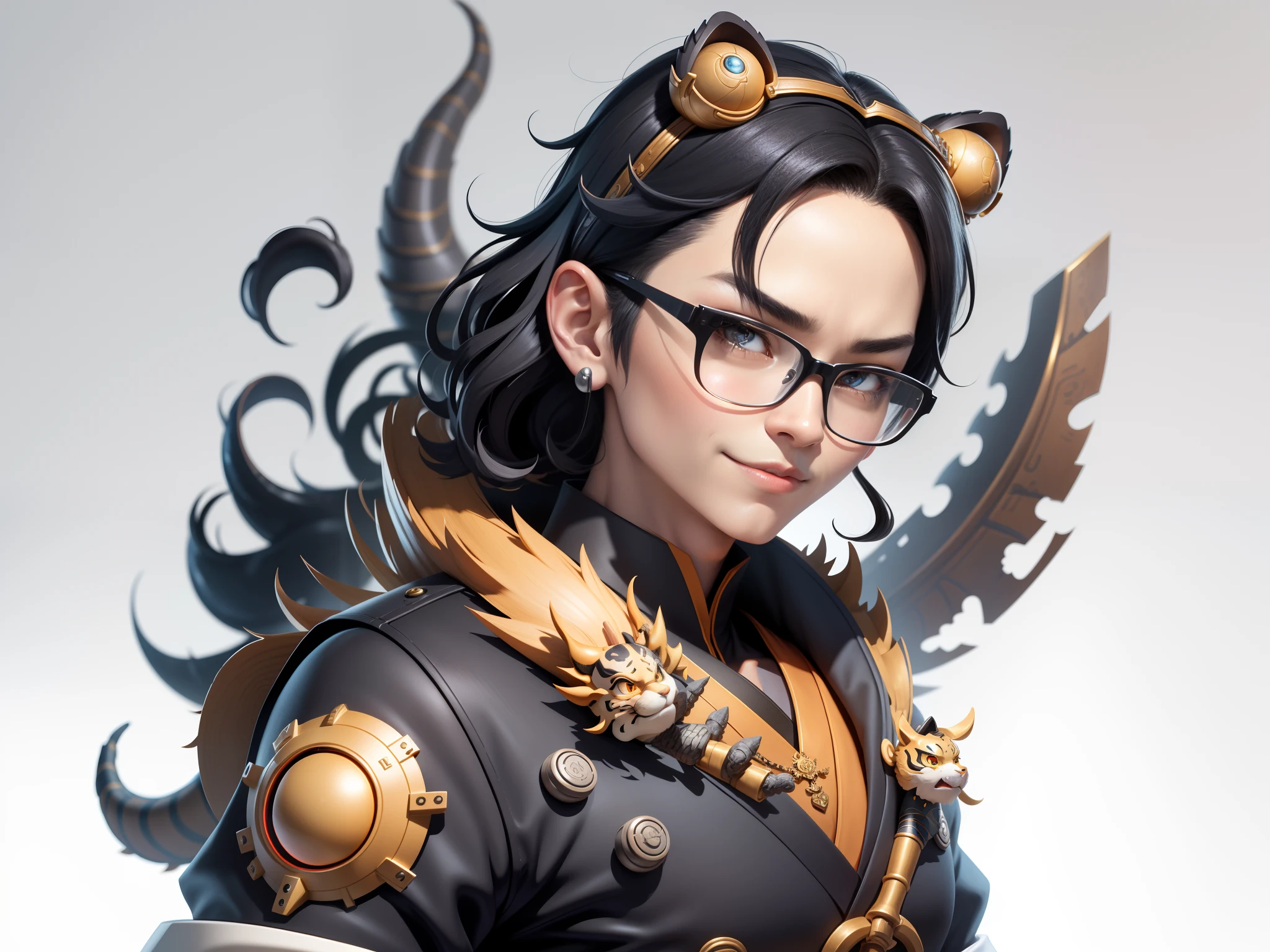 (Masterpiece), (Excellent), (Super Meticulous), (Full Body: 1.2), Super Young Man with Japanese Female Geisha, Pretty, Beautiful, Chinese Dragon, Tiger, Wind God Thor, Sexy, Bursting, Oriental Face, TV Anchor, Bust Portrait Illustration, Black Suit, Blue Tie, Slightly Chubby Face, Silver Glasses, Very Clean Face, No Beard on Chin, Black Super Short Hair, Black Eyes, Confident Smile, 3c Computer Sub-Products, iPad, iPhone, Digital Painting, 3D character design by Mark Clairedon and Pixar and Hayao Miyazaki and Akira Toriyama, the illustrations are HD illustrations in 4K resolution with highly detailed facial features and cartoon-style visuals.
