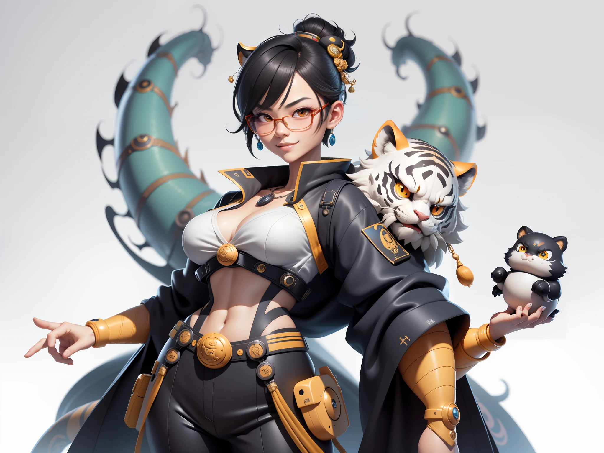 (Masterpiece), (Excellent), (Super Meticulous), (Full Body: 1.2), Super Young Man with Japanese Female Geisha, Pretty, Beautiful, Chinese Dragon, Tiger, Wind God Thor, Sexy, Bursting, Oriental Face, TV Anchor, Bust Portrait Illustration, Black Suit, Blue Tie, Slightly Chubby Face, Silver Glasses, Very Clean Face, No Beard on Chin, Black Super Short Hair, Black Eyes, Confident Smile, 3c Computer Sub-Products, iPad, iPhone, Digital Painting, 3D character design by Mark Clairedon and Pixar and Hayao Miyazaki and Akira Toriyama, the illustrations are HD illustrations in 4K resolution with highly detailed facial features and cartoon-style visuals.