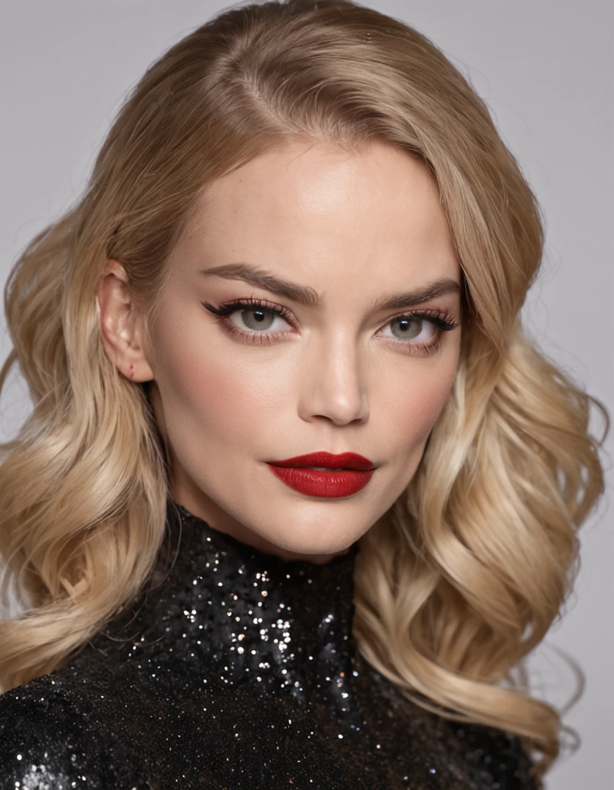 margot robbie, (maquiagem paleta escura), (eyeliner), (red matte lipstick), (ornamental blonde hair), (tight black sparkly dress), descendo uma enorme escada elegante, (rosto insanamente detalhado), (fotografia)