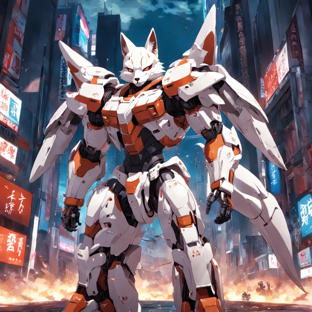 create an image of fox mcloud in a robotic exoskeleton with large muscles that looks like gundam
