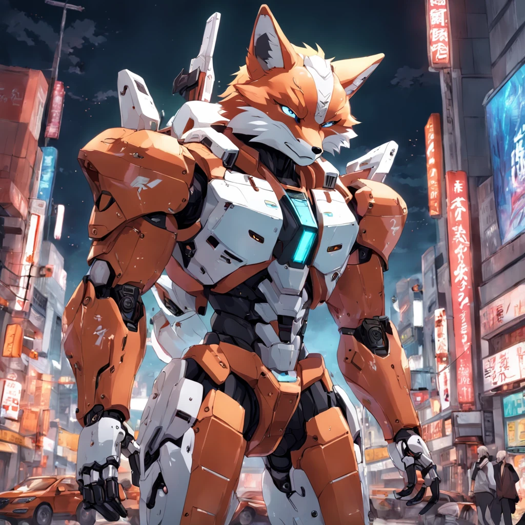 create an image of fox mcloud in a robotic exoskeleton with large muscles that looks like gundam