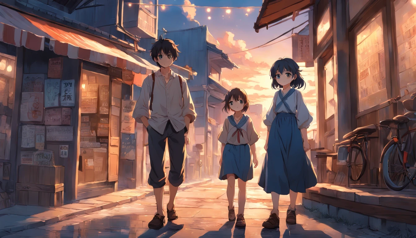 (a brown-eyed, adventurous peasant boy with a sad countenance) and (a young peasant woman), wearing shoes, in a shop, anime style, book cover style, sunset as day gives way to night, a starry sky begins rising above, surrounding image