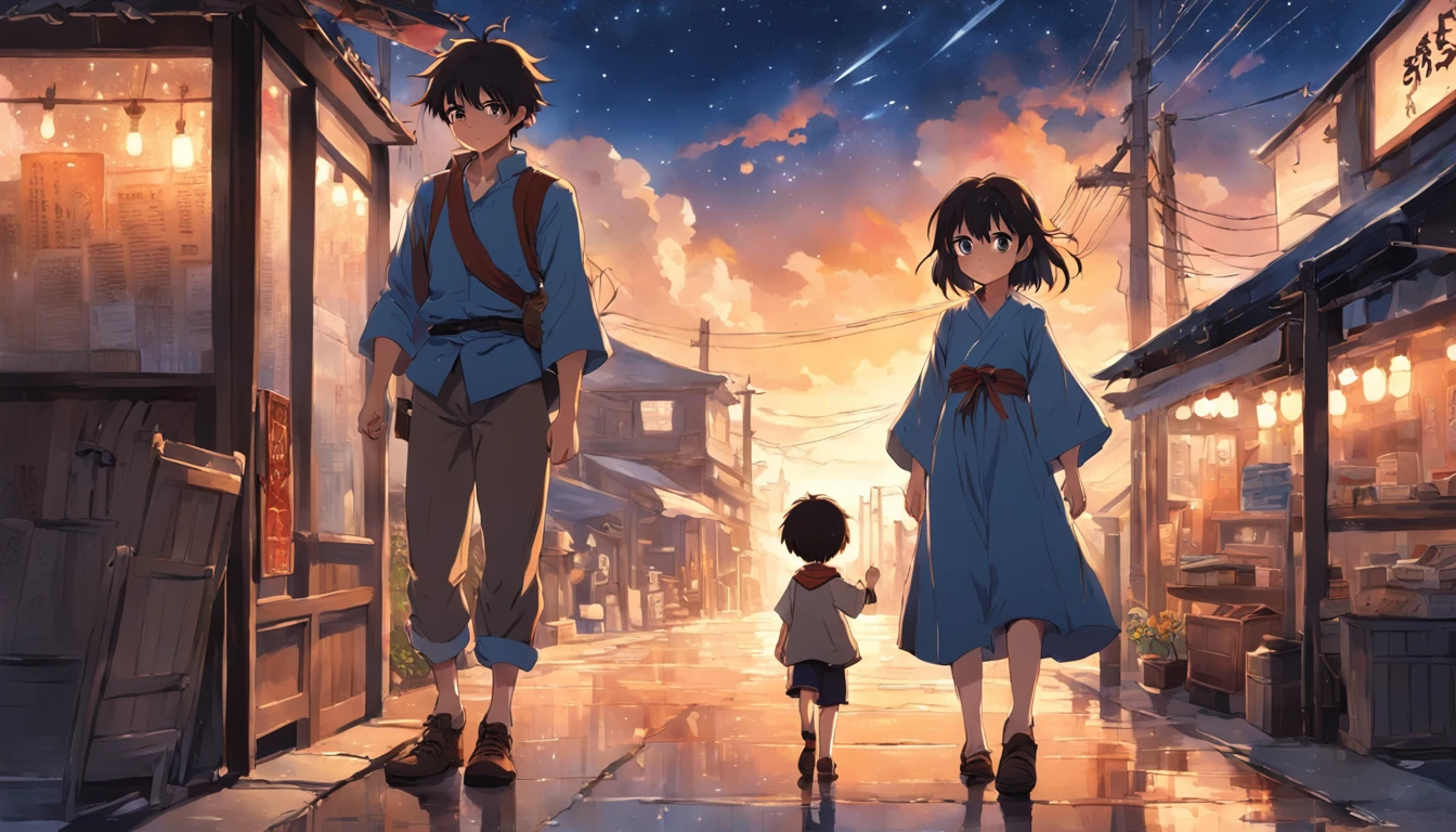 (a brown-eyed, adventurous peasant boy with a sad countenance) and (a young peasant woman), wearing shoes, in a shop, anime style, book cover style, sunset as day gives way to night, a starry sky begins rising above, surrounding image