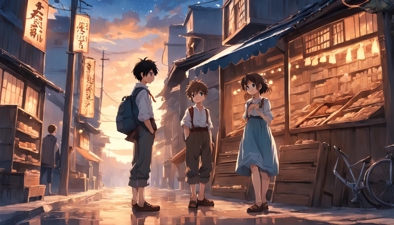 (a brown-eyed, adventurous peasant boy with a sad countenance) and (a young peasant woman), wearing shoes, in a shop, anime style, book cover style, sunset as day gives way to night, a starry sky begins rising above, surrounding image