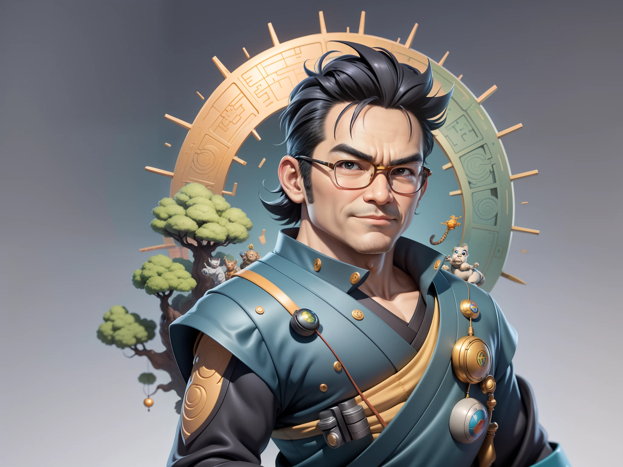 (Masterpiece), (Excellent), (Super Meticulous), (Full Body: 1.2), Super Young Man, Oriental Face, Japanese Kimono, Japanese Wind Thunder God, Dragon, Tiger, TV Anchor, Bust Portrait Illustration, Alone, Black Suit, Blue Tie, Slightly Chubby Face, Very Clean Face, No Beard, Black Super Short Hair, Black Eyes, Confident Smile, 3c Computer Sub-Products, iPad, iPhone, Digital Painting, 3D Character Design by Akira Toriyama and Mark Claireden and Pixar and Hayao Miyazaki, The illustration is a high-definition illustration in 4K resolution with very detailed facial features and cartoon-style visuals.