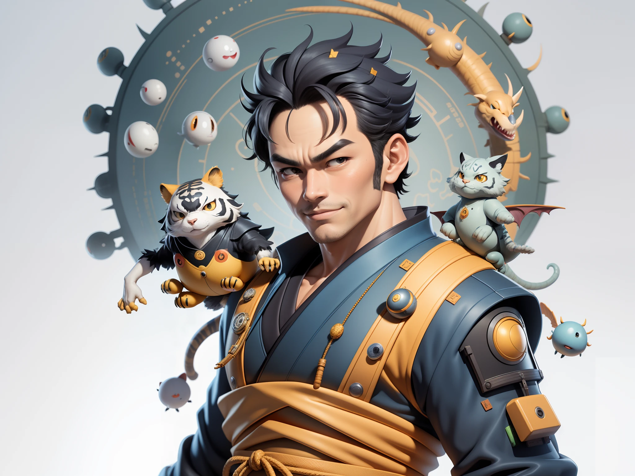 (Masterpiece), (Excellent), (Super Meticulous), (Full Body: 1.2), Super Young Man, Oriental Face, Japanese Kimono, Japanese Wind Thunder God, Dragon, Tiger, TV Anchor, Bust Portrait Illustration, Alone, Black Suit, Blue Tie, Slightly Chubby Face, Very Clean Face, No Beard, Black Super Short Hair, Black Eyes, Confident Smile, 3c Computer Sub-Products, iPad, iPhone, Digital Painting, 3D Character Design by Akira Toriyama and Mark Claireden and Pixar and Hayao Miyazaki, The illustration is a high-definition illustration in 4K resolution with very detailed facial features and cartoon-style visuals.