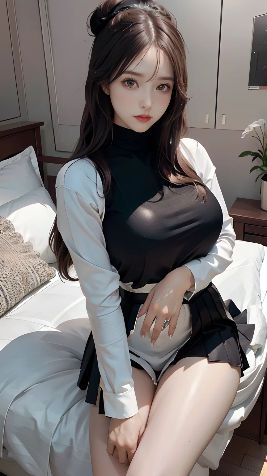 1 21-year-old girl，Wearing a black hip skirt，Black pantyhose and white shirt，Sweating all over the body，lie down on bed，flushed complexion，medium breasts，shy