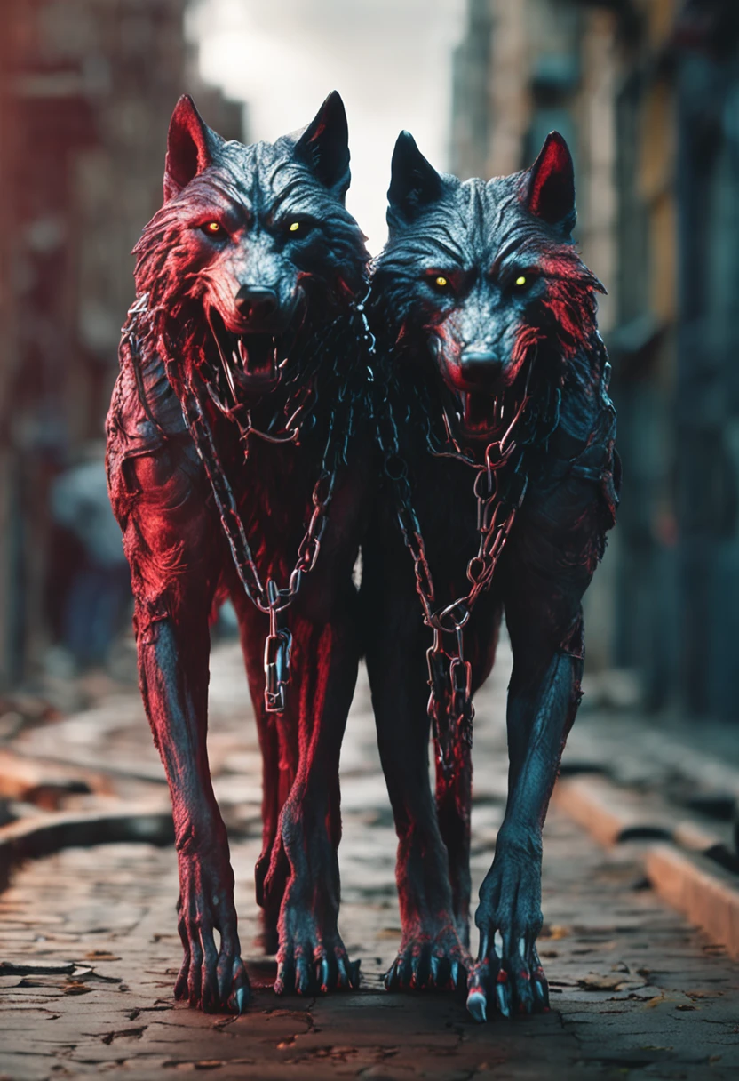 two-headed mytological wolf held together by chains, realistic