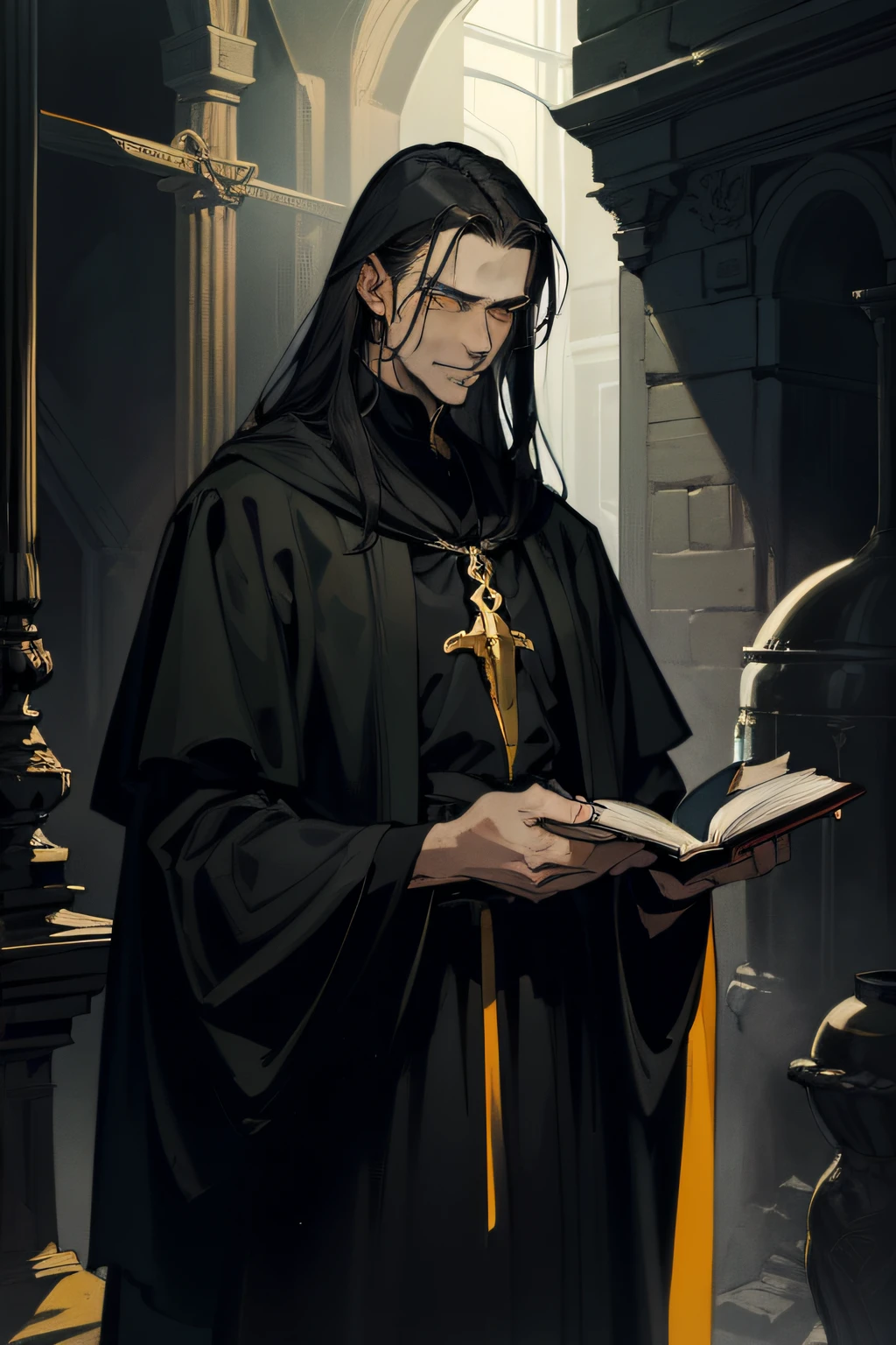 an elegant middle aged man with dark black hair, he is somewhat eerie, pale skin, yellow pupils, tired smile, tall, greying hair, he wears black priest robes, priest, carrying a holy book, a knife in one hand, masterpiece, 8k,