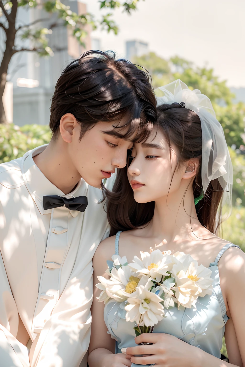 The bride and groom stood close together on the grass,Background is grassland, Cai Xukun, Ruan Jia and Fenghua Zhong, wedding photo, cute couple, jia, Yan, yanjun cheng, shaxi, ruan jia and brom, Lu Ji, shot with canon eoa 6 d mark ii, xue han, Chen Zezhou, Taoist