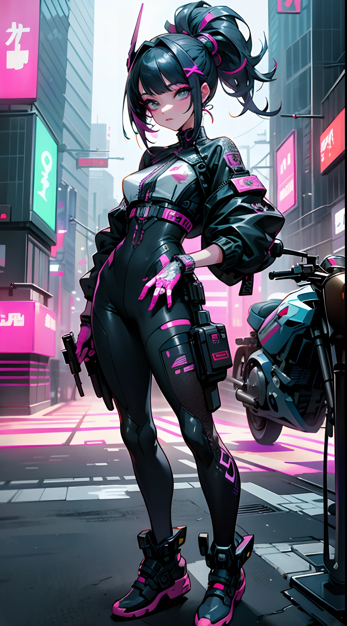 masterpiece, best quality, Confident cyberpunk girl, full body shot, ((standing in front of motorcycle)), Harajuku-inspired pop outfit, bold colors and patterns, eye-catching accessories, trendy and innovative hairstyle, vibrant makeup, Cyberpunk dazzling cityscape, skyscrapers, neon signs, LED lights, bright and vivid color scheme, anime, illustration, detailed skin texture, detailed cloth texture, beautiful detailed face, intricate details, ultra detailed.