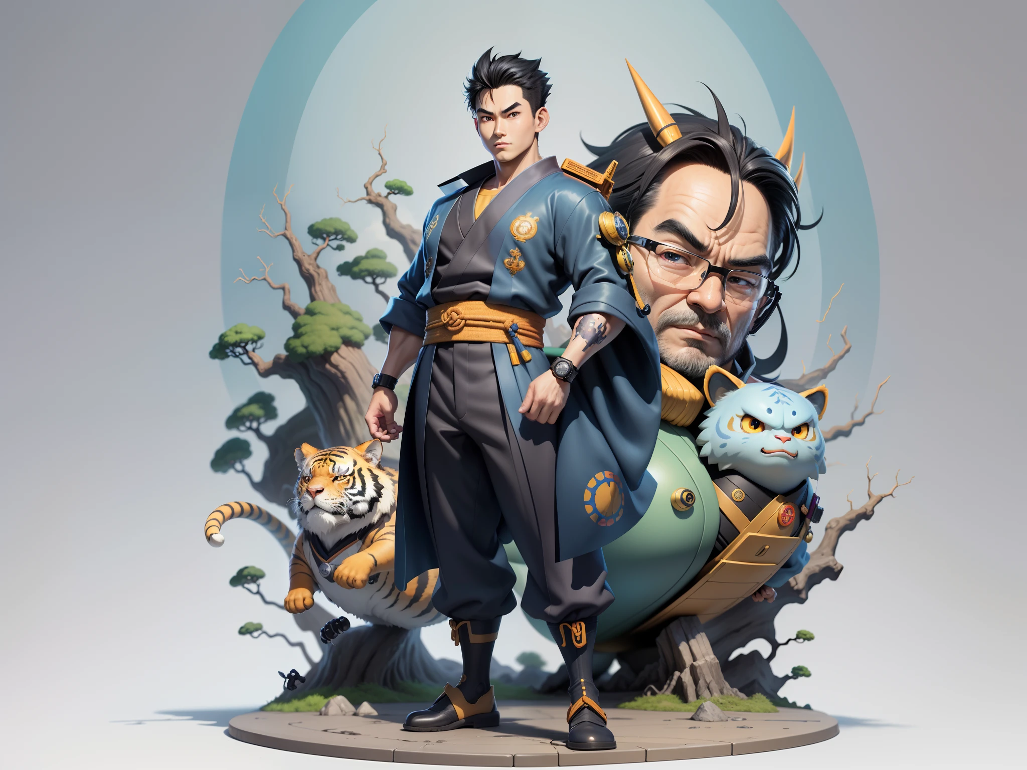 (Masterpiece), (Excellent), (Super Meticulous), (Full Body: 1.2), Super Young Man, Oriental Face, Japanese Kimono, Japanese Wind Thunder God, Dragon, Tiger, TV Anchor, Bust Portrait Illustration, Alone, Black Suit, Blue Tie, Slightly Chubby Face, Very Clean Face, No Beard, Black Super Short Hair, Black Eyes, Confident Smile, 3c Computer Sub-Products, iPad, iPhone, Digital Painting, 3D Character Design by Akira Toriyama and Mark Claireden and Pixar and Hayao Miyazaki, The illustration is a high-definition illustration in 4K resolution with very detailed facial features and cartoon-style visuals.