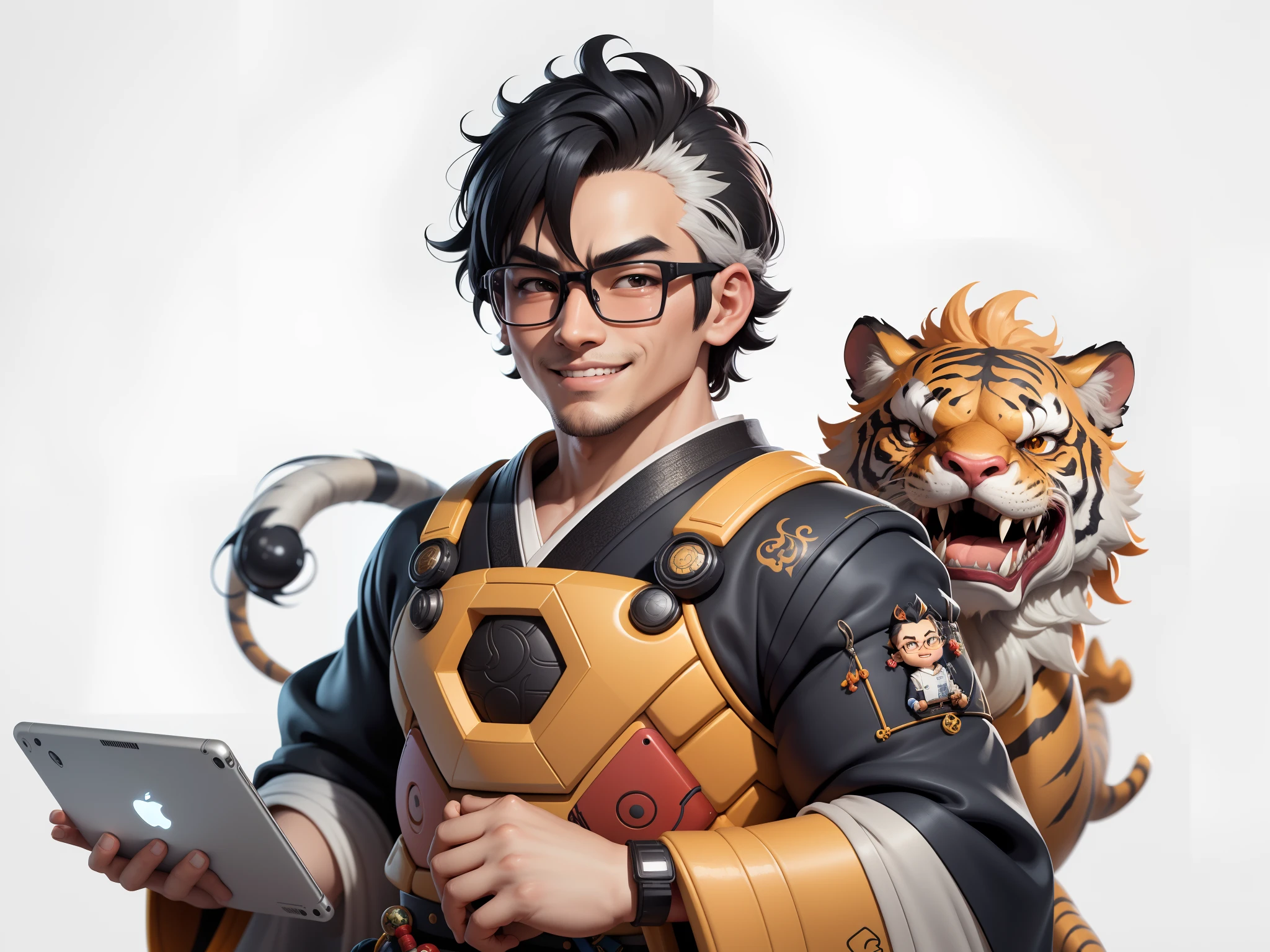 (Masterpiece), (Excellent), (Super Meticulous), (Full Body: 1.2), Super Young Man with Japanese Female Geisha, Pretty, Beautiful, Chinese Dragon, Tiger, Wind God Thor, Sexy, Bursting, Oriental Face, TV Anchor, Bust Portrait Illustration, Black Suit, Blue Tie, Slightly Chubby Face, Silver Glasses, Very Clean Face, No Beard on Chin, Black Super Short Hair, Black Eyes, Confident Smile, 3c Computer Sub-Products, iPad, iPhone, Digital Painting, 3D character design by Mark Clairedon and Pixar and Hayao Miyazaki and Akira Toriyama, the illustrations are HD illustrations in 4K resolution with highly detailed facial features and cartoon-style visuals.
