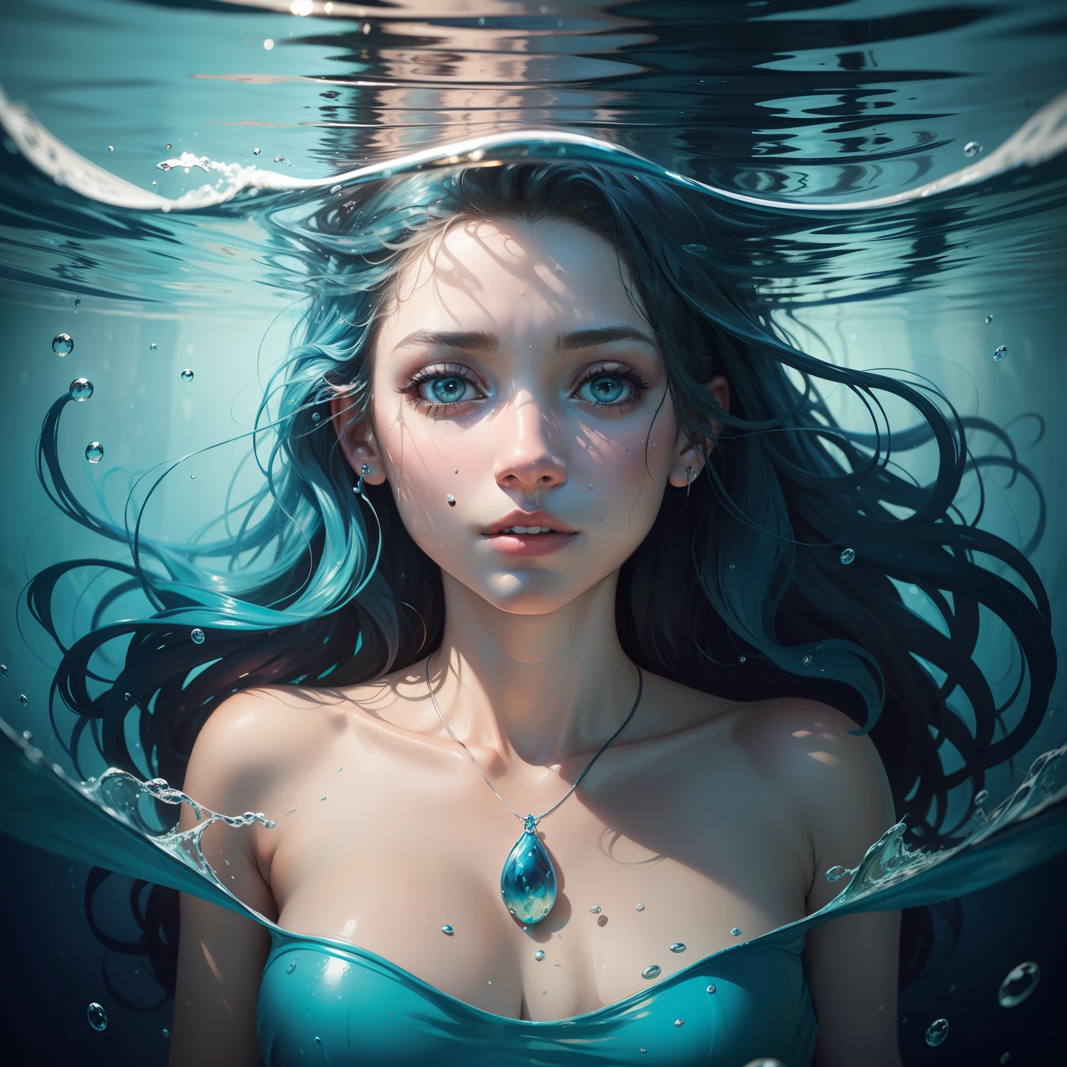 Painting of a woman underwater, imerso, Portrait of a woman underwater, oil painting a bigger splash, Detailed oil on canvas, floating under the water, underwater face, acrylic and oil painting, emerging from the water, submerged in water, surreal oil on canvas, Directed by: Whitney Sherman, Mystic oil on linen, autor:Maria de Ostwejk, underwater view