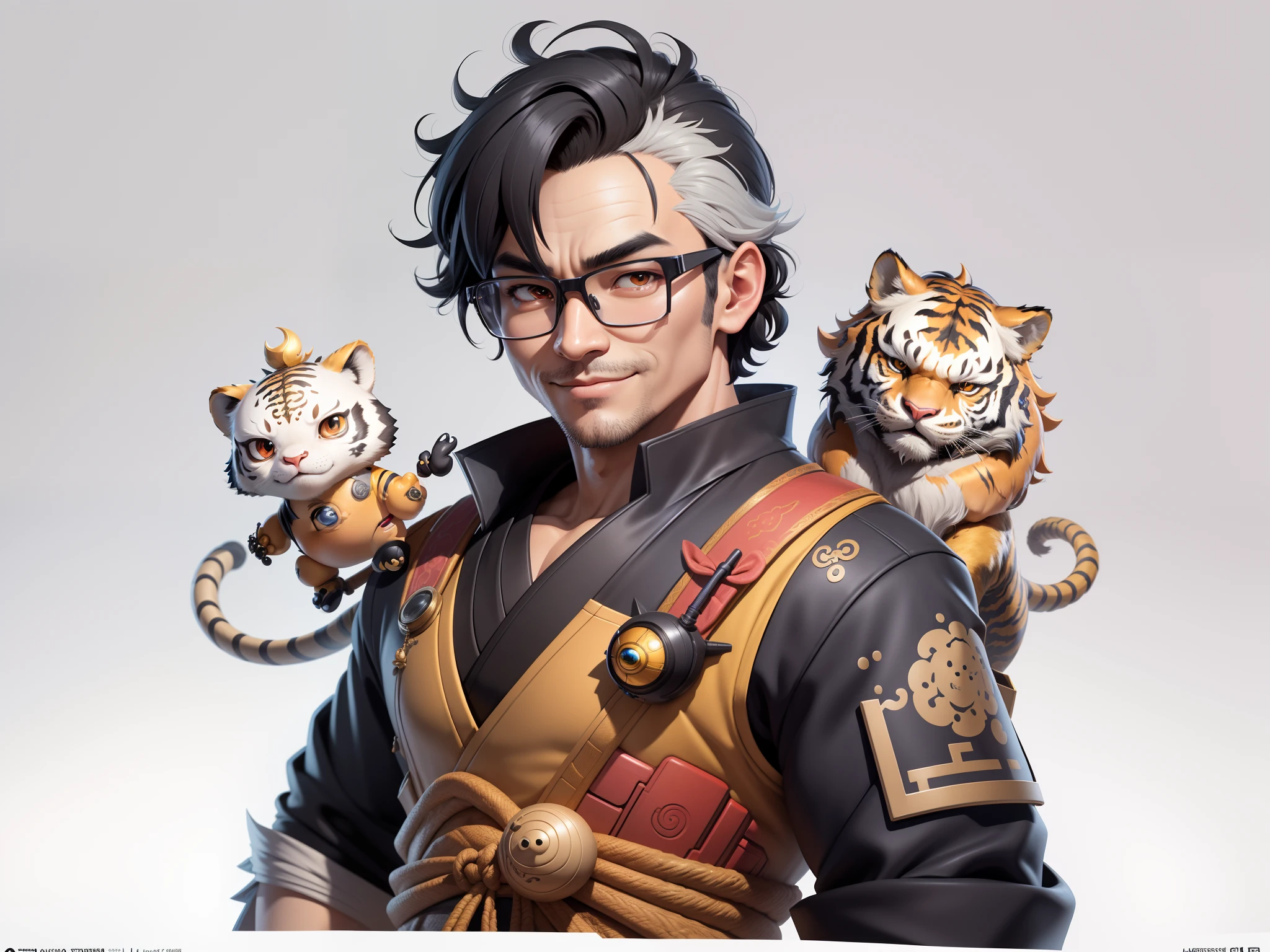 Oriental face young man wearing dragon shirt wearing silver glasses, black super short hair, tiger, digital painting, 3D character design by Mark Clairedon and Pixar and Hayao Miyazaki and Akira Toriyama, the illustration is a 4K resolution HD illustration with very detailed facial features and cartoon-style visual effects.