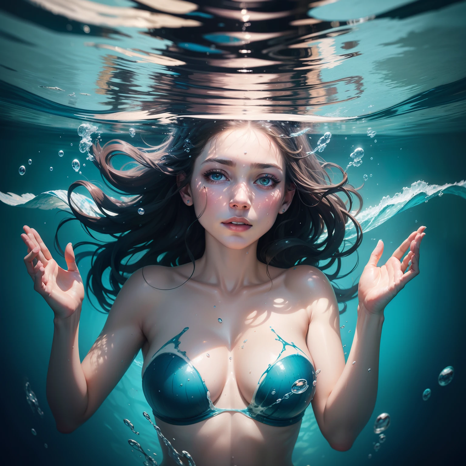 Painting of a woman underwater, imerso, Portrait of a woman underwater, oil painting a bigger splash, Detailed oil on canvas, floating under the water, underwater face, acrylic and oil painting, emerging from the water, submerged in water, surreal oil on canvas, Directed by: Whitney Sherman, Mystic oil on linen, autor:Maria de Ostwejk, underwater view