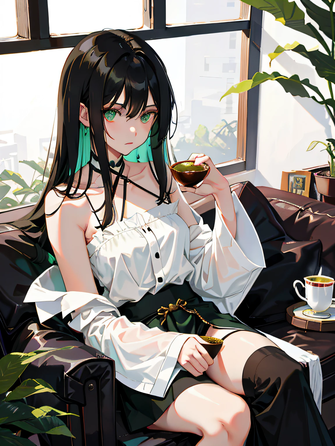 Black shoulder-length hair,Green eyes,Off-white shirt, dark green strap skirt,Girl holding a cup of black tea,Not much bare skin,A faint smile appeared on her face,The tea is steaming hot,In the background is a Chinese room