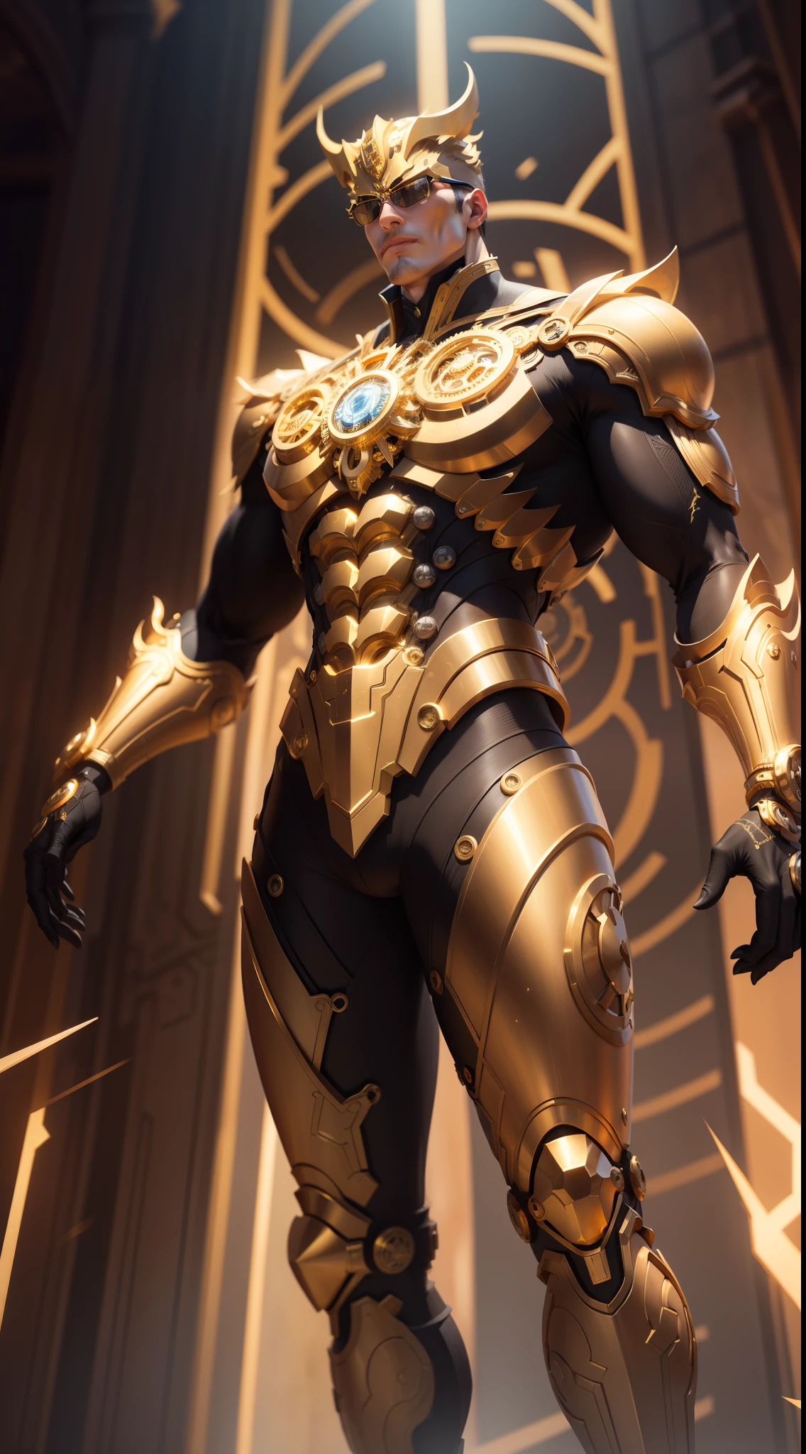 NFT 3 - "Golden Mechanical Genius":
Create an NFT depicting a scholarly superhero with a mechanical appearance and shades of gold and black. Intricate details of gears and circuits should be artistically blended into the hero's form. The representation should suggest the fusion of intellectual brilliance and technological ingenuity.