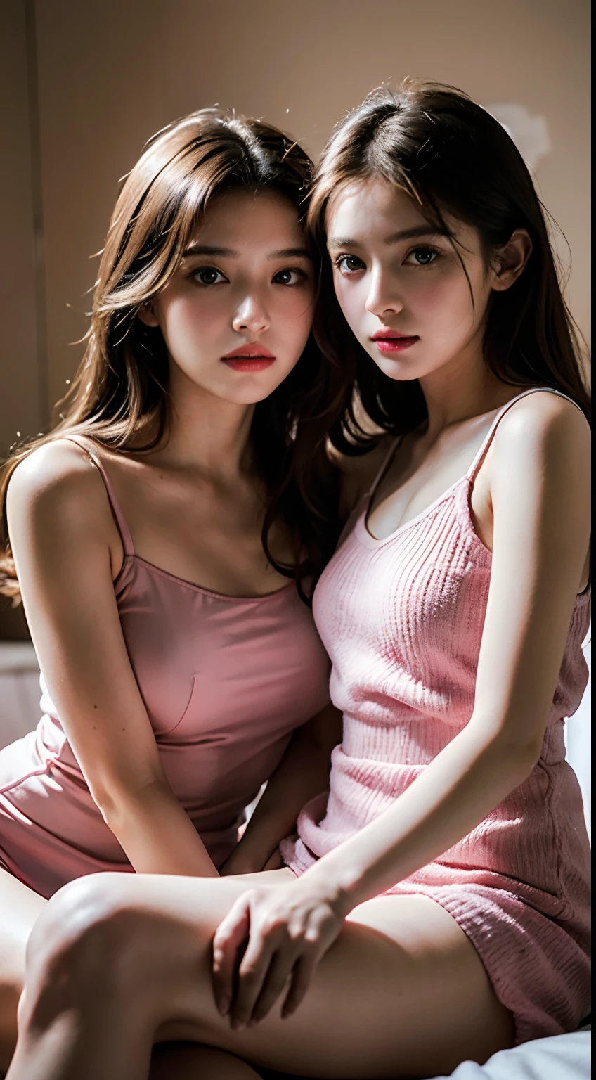 (2 young girls:1.5), (A hyper-realistic, hight resolution), (Highly detailed eyes, Highly detailed hair, Highly detailed face, Highly detailed plump lips), (Off-shoulder with open chest:1.1), breasts, Upper body, Search Smile, Miniskirt, (See-through sheer panties:1.2), (Best Quality:1.4), Raw photo, (Realistic, Photorealsitic:1.37), Professional Photography, Cinematic Light, (Fine face: 1.2), ((Panties:Cameltoe)) , and 2 girls,red hair and 2girls,brown