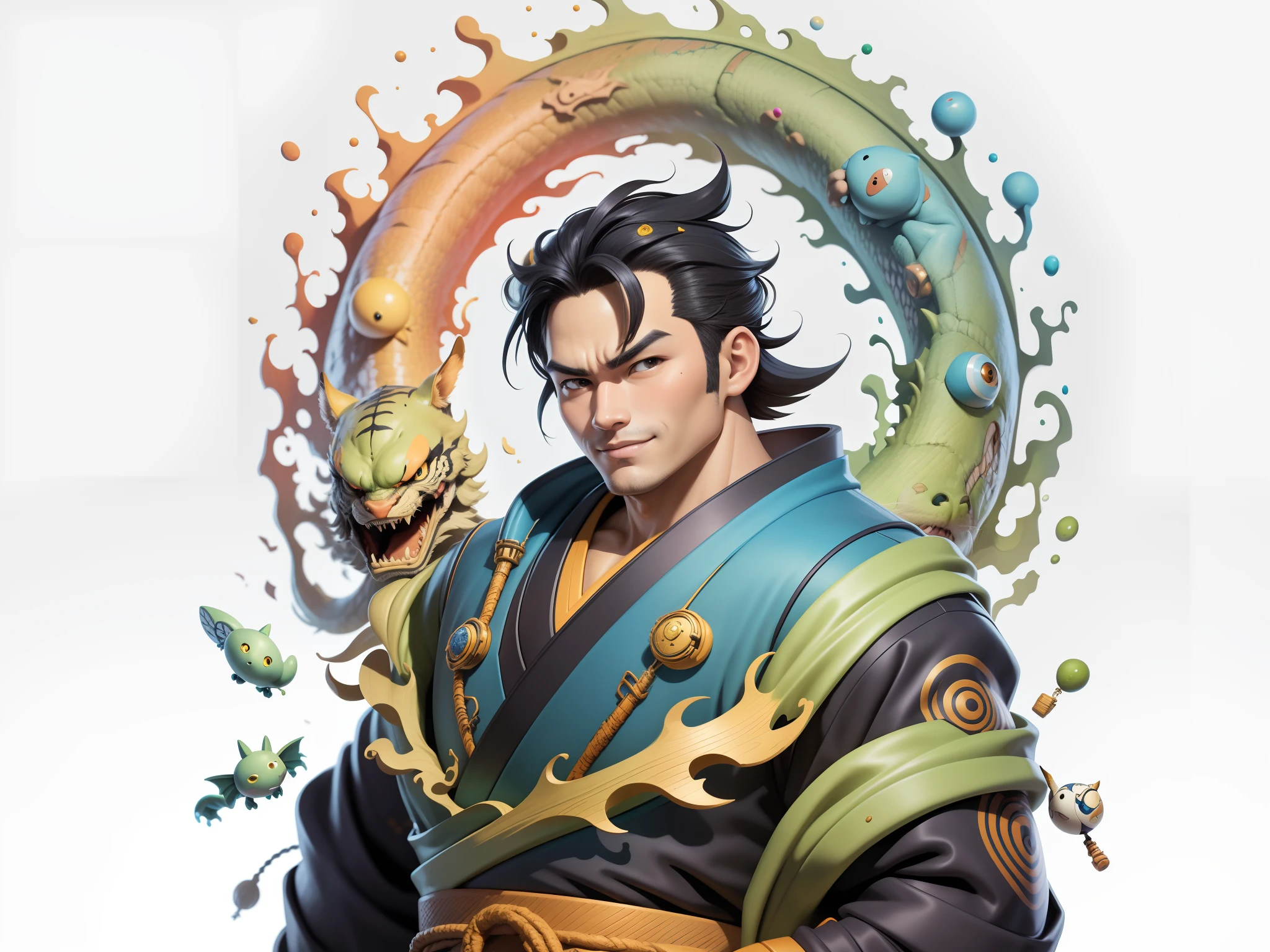 (Masterpiece), (Excellent), (Super Meticulous), (Full Body: 1.2), Super Young Man, Oriental Face, Japanese Kimono, Japanese Wind Thunder God, Dragon, Tiger, TV Anchor, Bust Portrait Illustration, Alone, Black Suit, Blue Tie, Slightly Chubby Face, Very Clean Face, No Beard, Black Super Short Hair, Black Eyes, Confident Smile, 3c Computer Sub-Products, iPad, iPhone, Digital Painting, 3D Character Design by Akira Toriyama and Mark Claireden and Pixar and Hayao Miyazaki, The illustration is a high-definition illustration in 4K resolution with very detailed facial features and cartoon-style visuals.