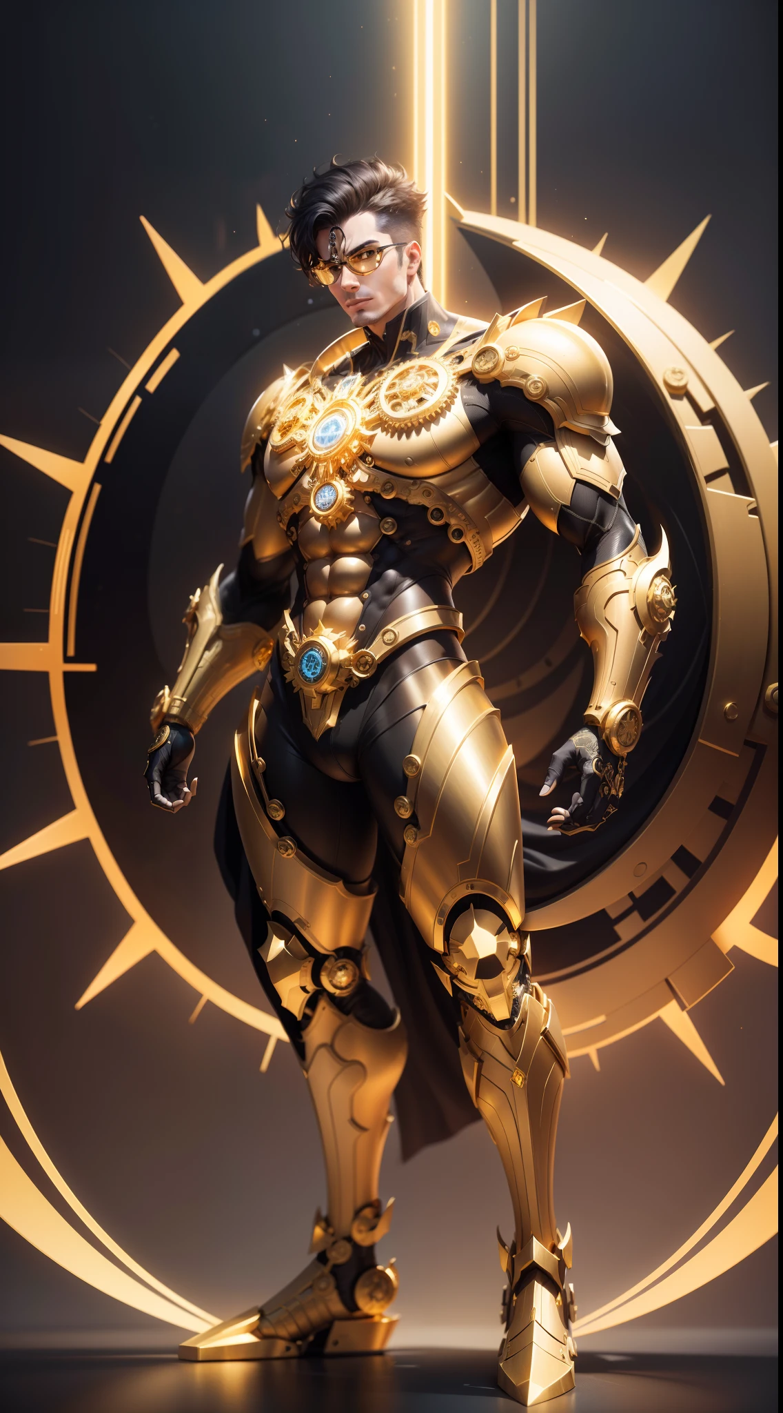 NFT 3 - "Golden Mechanical Genius":
Create an NFT depicting a scholarly superhero with a mechanical appearance and shades of gold and black. Intricate details of gears and circuits should be artistically blended into the hero's form. The representation should suggest the fusion of intellectual brilliance and technological ingenuity.