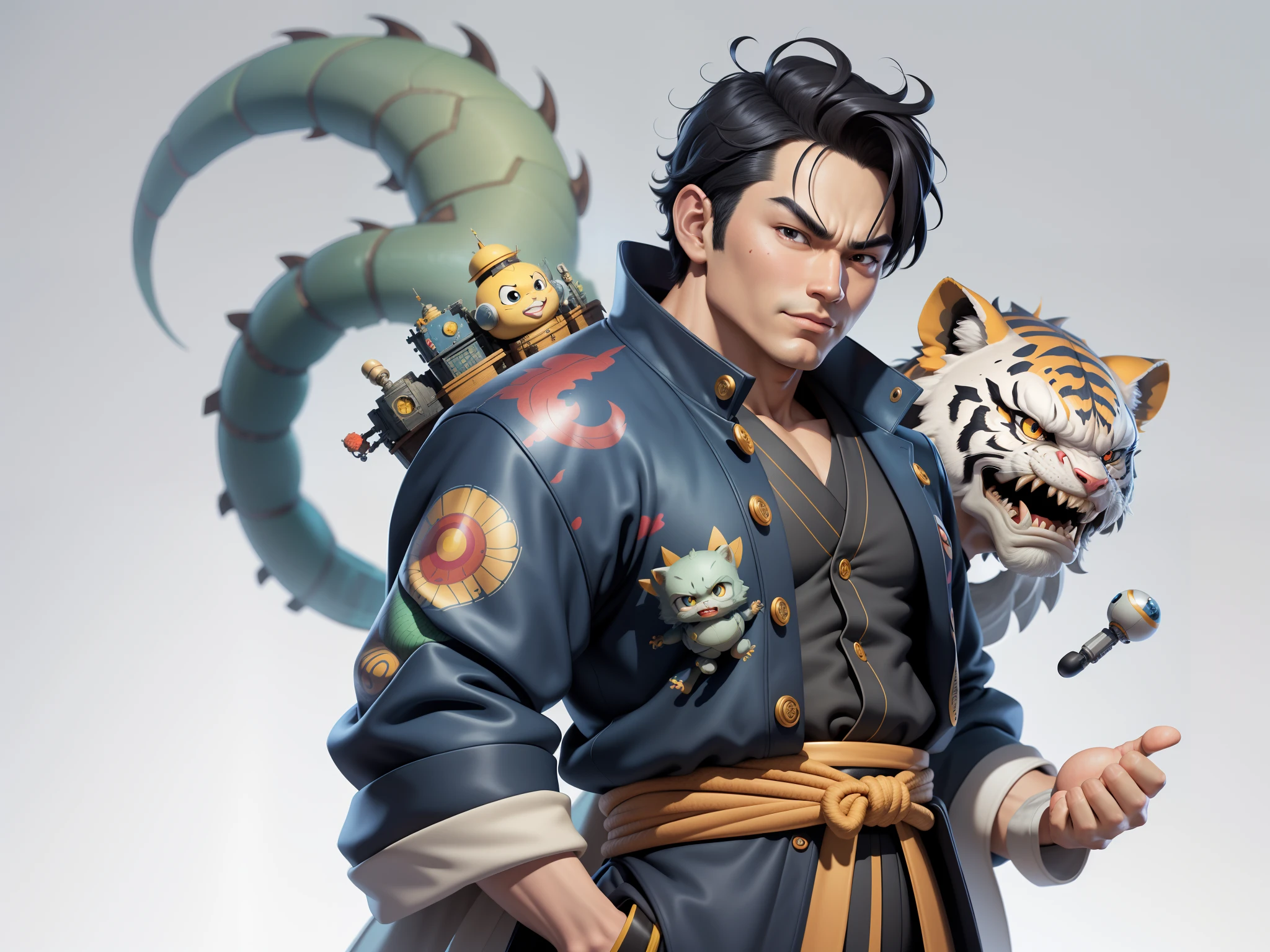 (Masterpiece), (Excellent), (Super Meticulous), (Full Body: 1.2), Super Young Man, Oriental Face, Japanese Kimono, Japanese Wind Thunder God, Dragon, Tiger, TV Anchor, Bust Portrait Illustration, Alone, Black Suit, Blue Tie, Slightly Chubby Face, Very Clean Face, No Beard, Black Super Short Hair, Black Eyes, Confident Smile, 3c Computer Sub-Products, iPad, iPhone, Digital Painting, 3D Character Design by Akira Toriyama and Mark Claireden and Pixar and Hayao Miyazaki, The illustration is a high-definition illustration in 4K resolution with very detailed facial features and cartoon-style visuals.