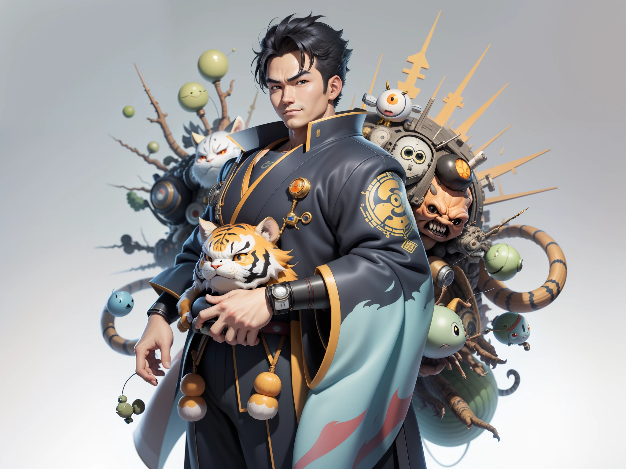 (Masterpiece), (Excellent), (Super Meticulous), (Full Body: 1.2), Super Young Man, Oriental Face, Japanese Kimono, Japanese Wind Thunder God, Dragon, Tiger, TV Anchor, Bust Portrait Illustration, Alone, Black Suit, Blue Tie, Slightly Chubby Face, Very Clean Face, No Beard, Black Super Short Hair, Black Eyes, Confident Smile, 3c Computer Sub-Products, iPad, iPhone, Digital Painting, 3D Character Design by Akira Toriyama and Mark Claireden and Pixar and Hayao Miyazaki, The illustration is a high-definition illustration in 4K resolution with very detailed facial features and cartoon-style visuals.