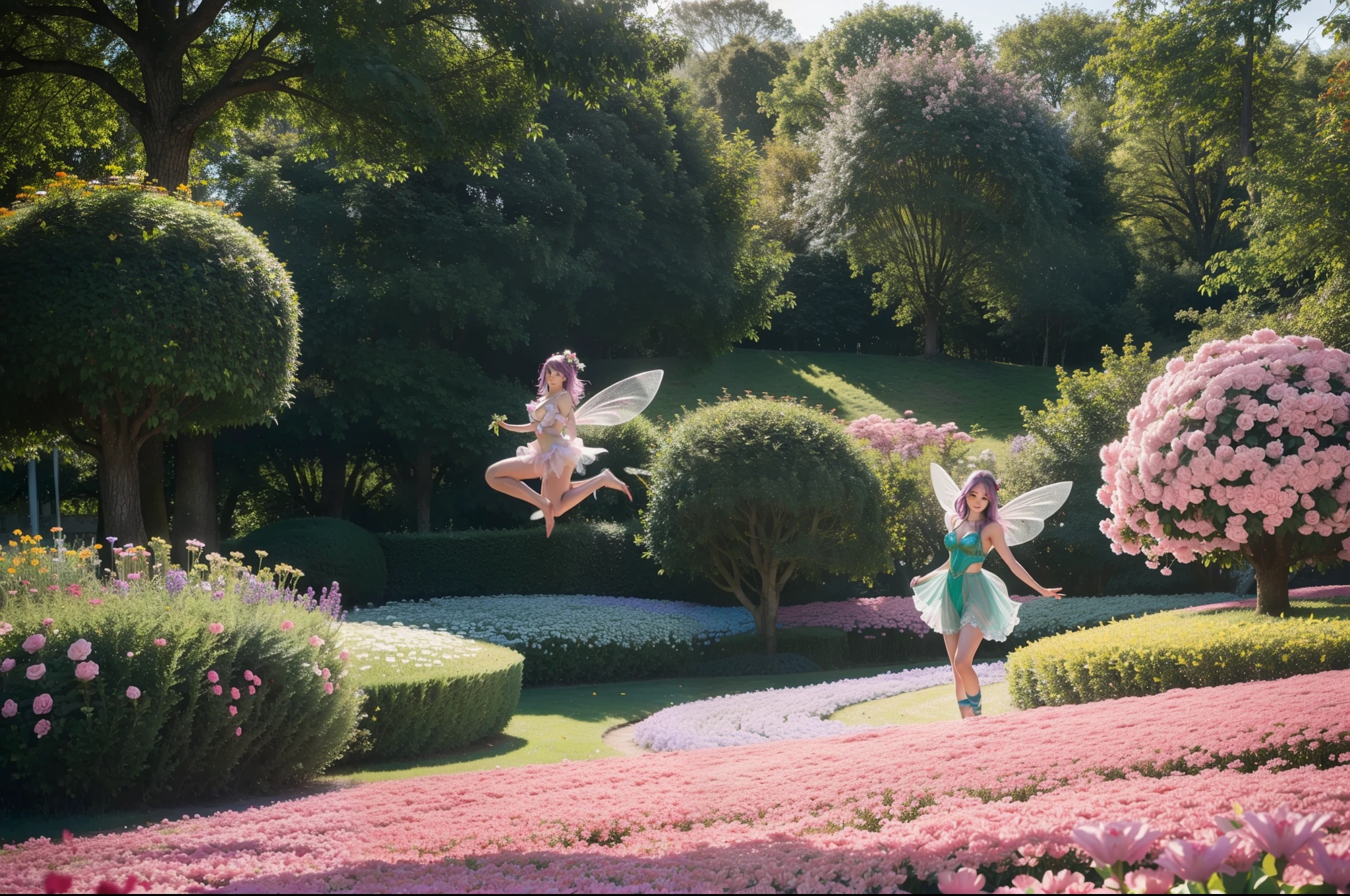 photo of 3 mature Flower fairies wearing  latex club costumes, flying by fairies wings, in flower gardens, daylight, deep shadow, photorealistic, realism, real, masterpiece, best quality, real skin feeling, blonde hair, blue hair, black hair, brown hair, pink hair, silver hair, purple hair, grey hair, red hair, green hair, huge breasts deep cleavage