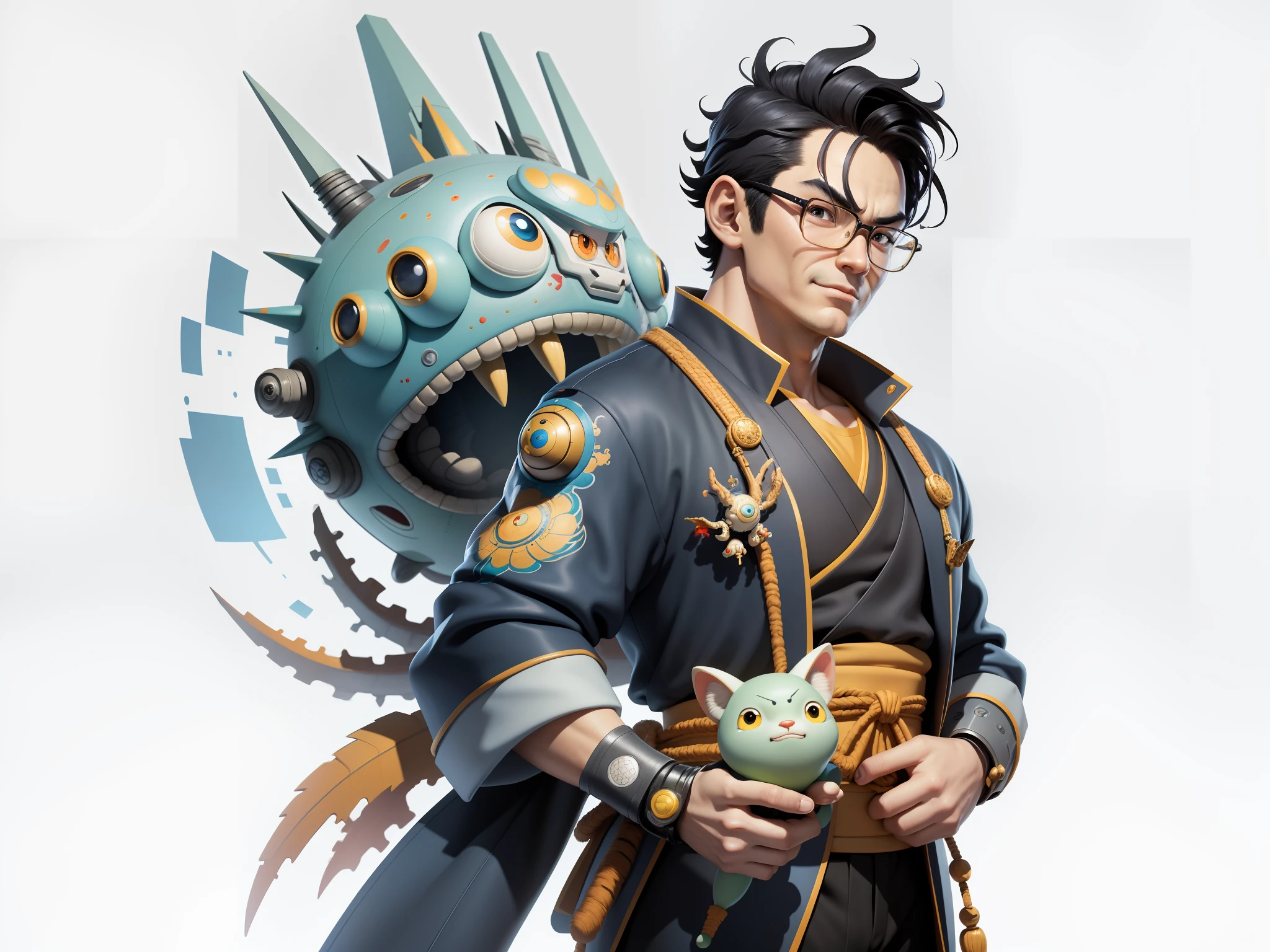 (Masterpiece), (Excellent), (Super Meticulous), (Full Body: 1.2), Super Young Man, Oriental Face, Japanese Kimono, Japanese Wind Thunder God, Dragon, Tiger, TV Anchor, Bust Portrait Illustration, Alone, Black Suit, Blue Tie, Slightly Chubby Face, Very Clean Face, No Beard, Black Super Short Hair, Black Eyes, Confident Smile, 3c Computer Sub-Products, iPad, iPhone, Digital Painting, 3D Character Design by Akira Toriyama and Mark Claireden and Pixar and Hayao Miyazaki, The illustration is a high-definition illustration in 4K resolution with very detailed facial features and cartoon-style visuals.