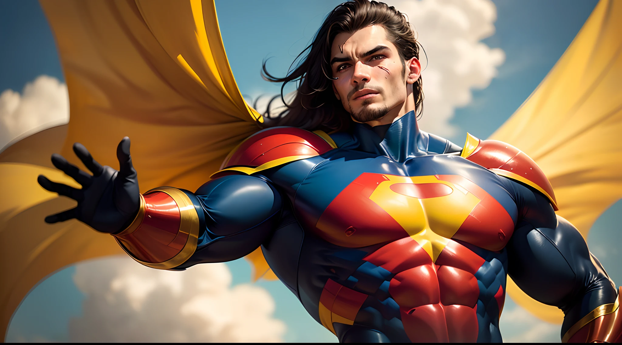 Surreal and cinematic human image under the mantle of the Superman universe suit in (((latex))) Dc